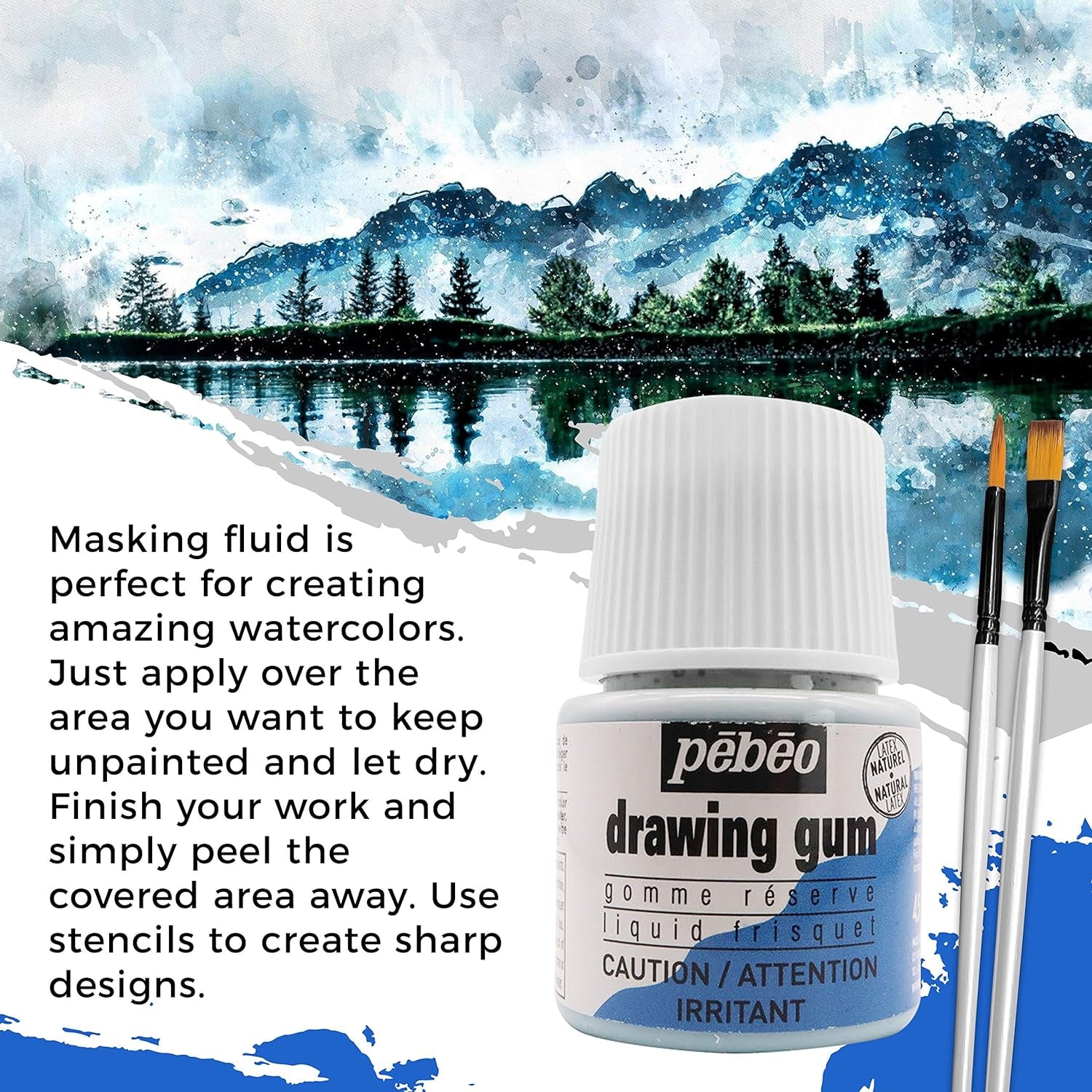 Pebeo Drawing Gum Made in France - Masking Fluid for Watercolor Painting and Various Art Projects - Bundled with  Applicator Brush Set