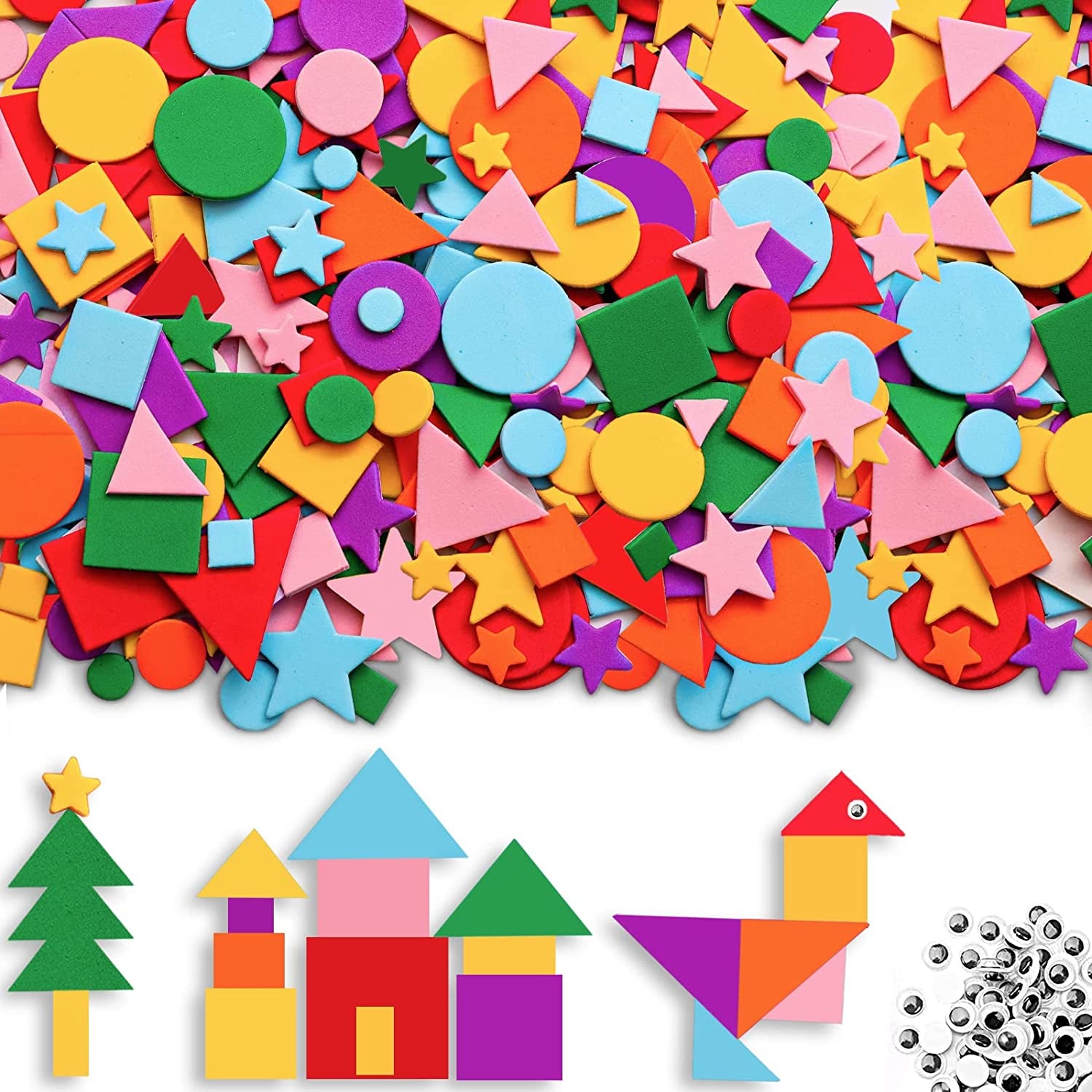 1500Pcs Foam Stickers Foam Shapes Stickers for Kids,10 Colors Self Adhesive Craft Supplies Geometric Stickers with Googly Eyes for Preschool Craft DIY Program (Circle, Square, Triangle, Star)