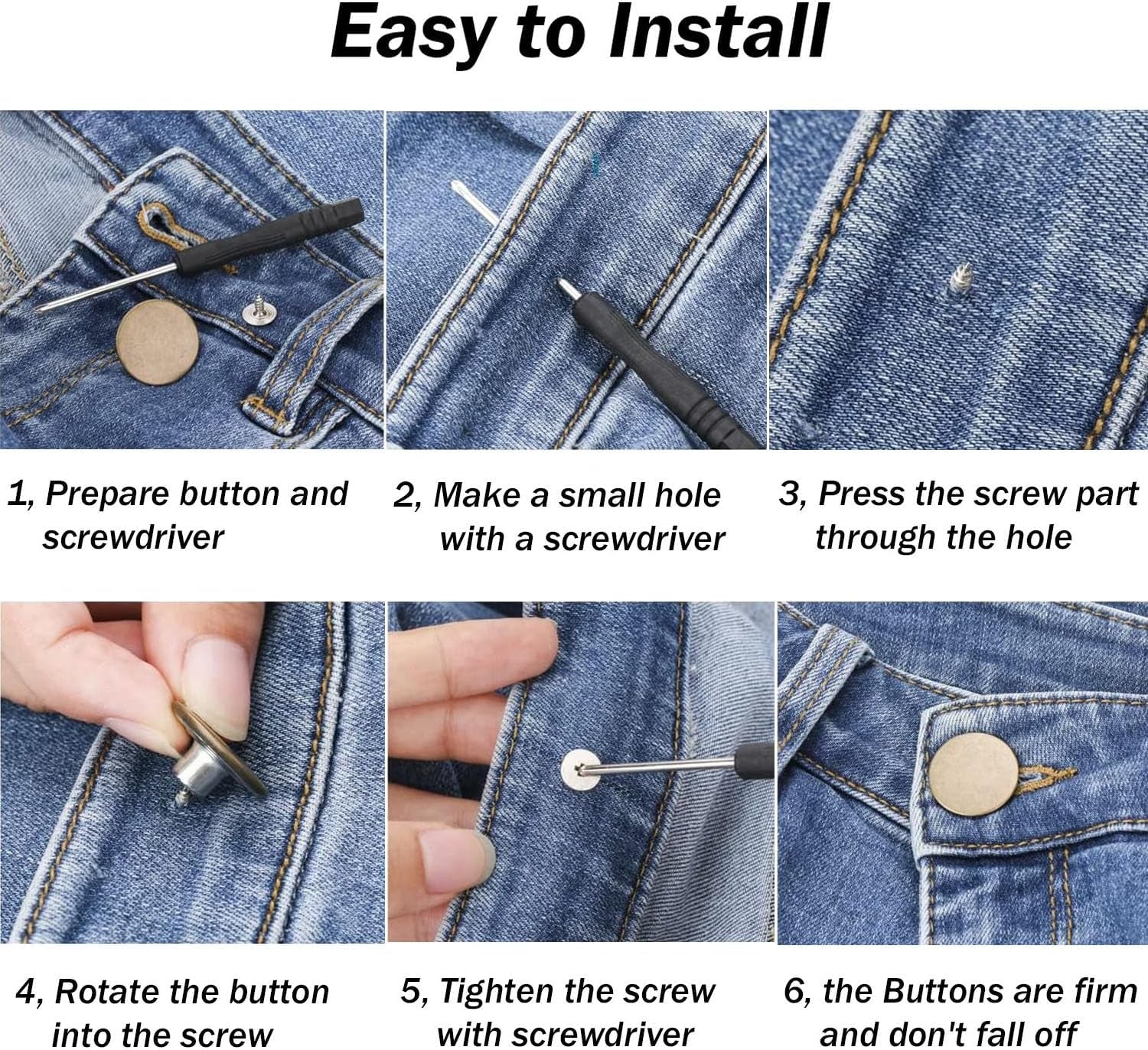 100 Sets Buttons for Jeans, 17Mm and 20Mm No-Sew Removable Adjustable Metal Jean Buttons Pins, Pants Jeans Button Replacement Tightener Repair Combo Thread Rivets and Screwdrivers in Storage Box