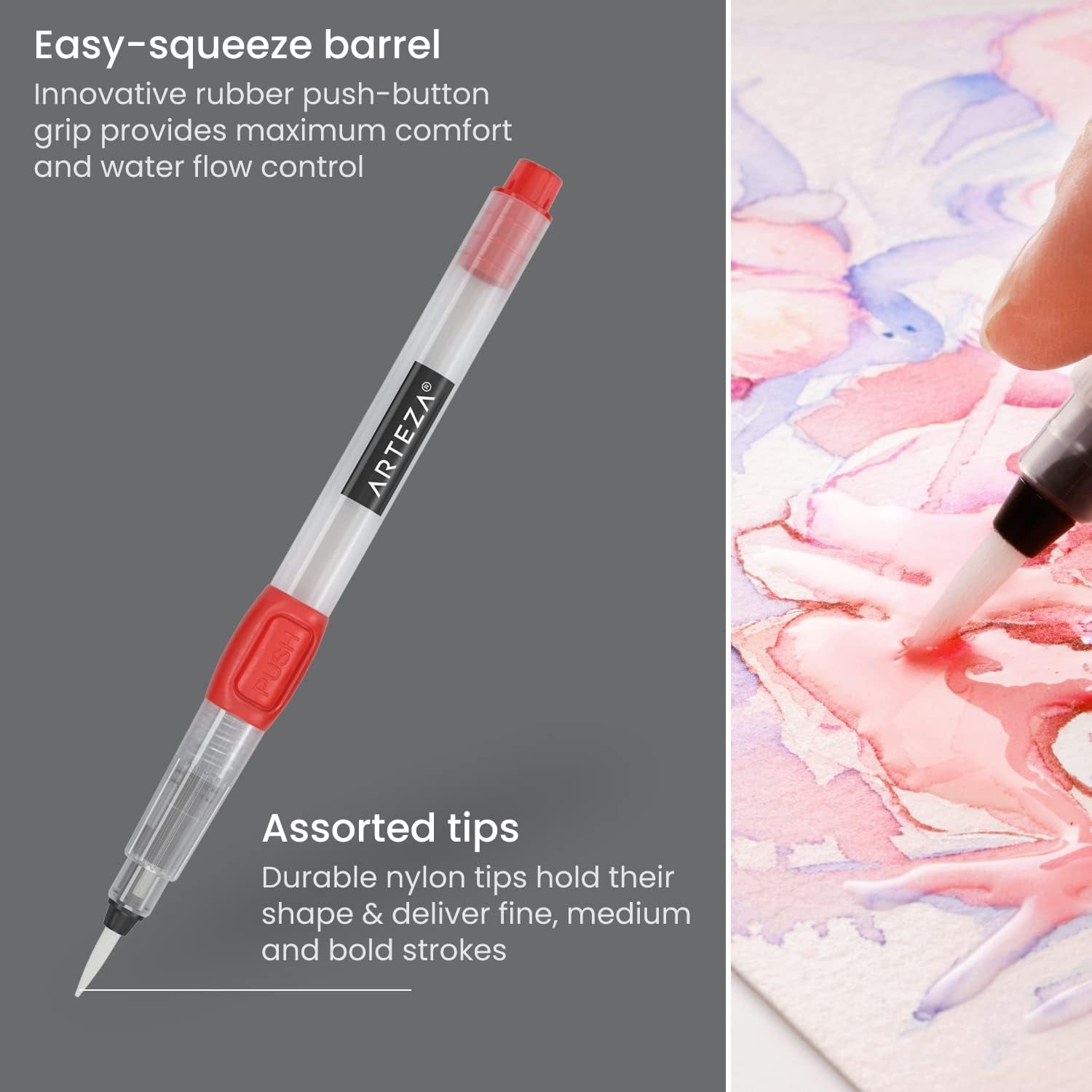 Water Brush Pen, Set of 6, Assorted Soft Nylon Bristle Tips, Self-Moistening Water Brush, Refillable Water Pen