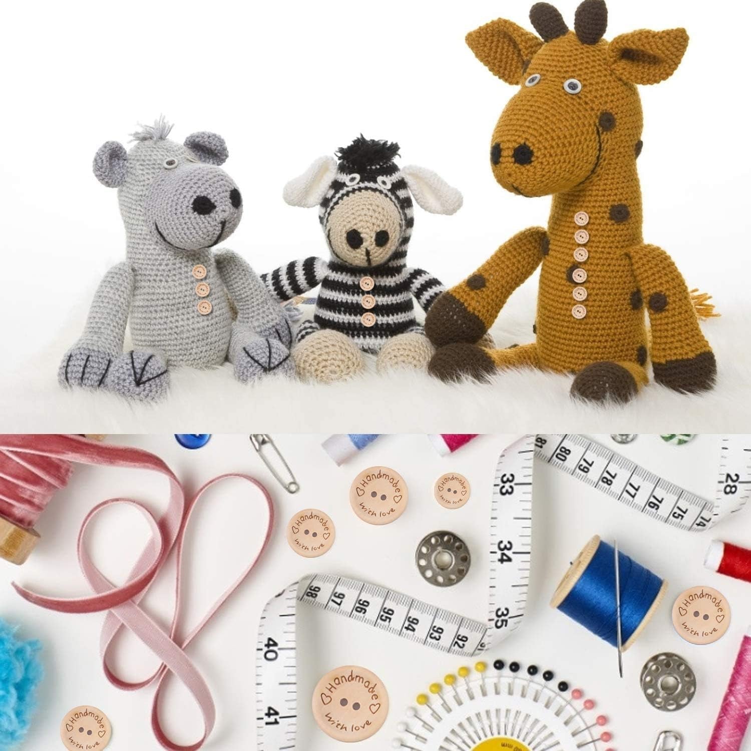 300 Pieces Wooden Handmade with Love round Craft Decor 2 Holes Wooden Sewing Buttons (15,20,25Mm)