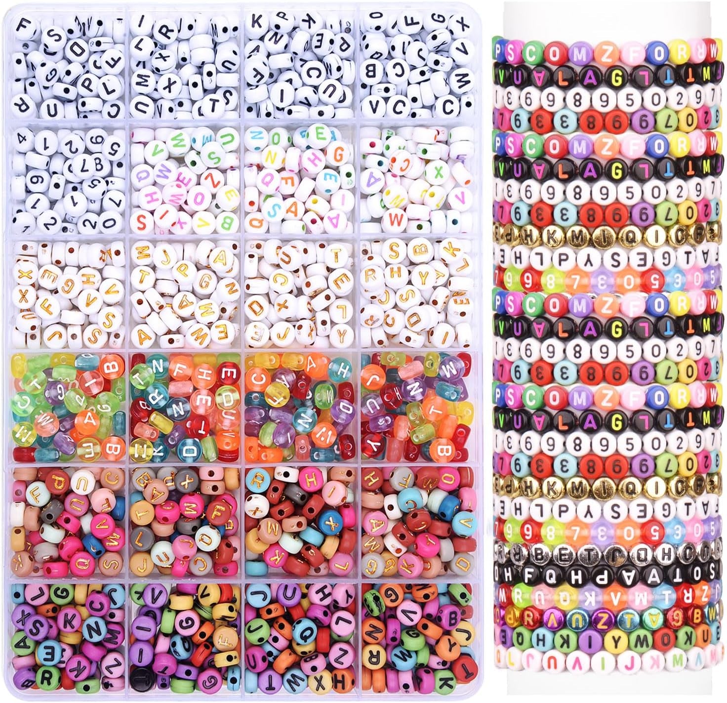 7 Style Letter Alphabet Beads for Bracelets Making, 1380 Pcs Colorful Square round Letter Beads Kit for Jewelry Making, Letter Beads Bulk with Crystal Elastic String