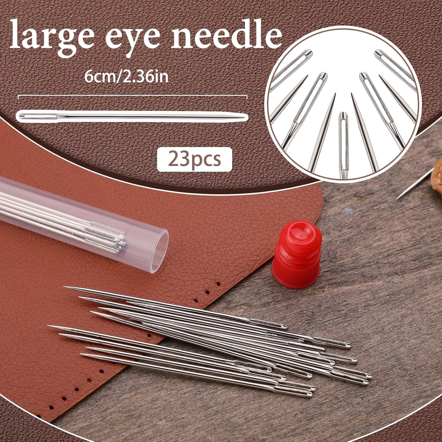 33Pcs Hand-Working Sewing Thimble Set, 23 PCS Large Eye Sewing Needles with Adjustable Metal Finger Shield Ring, Leather Coin Finger Protectors, Sewing Thimble Rings Cap for Knitting Quilting Craft