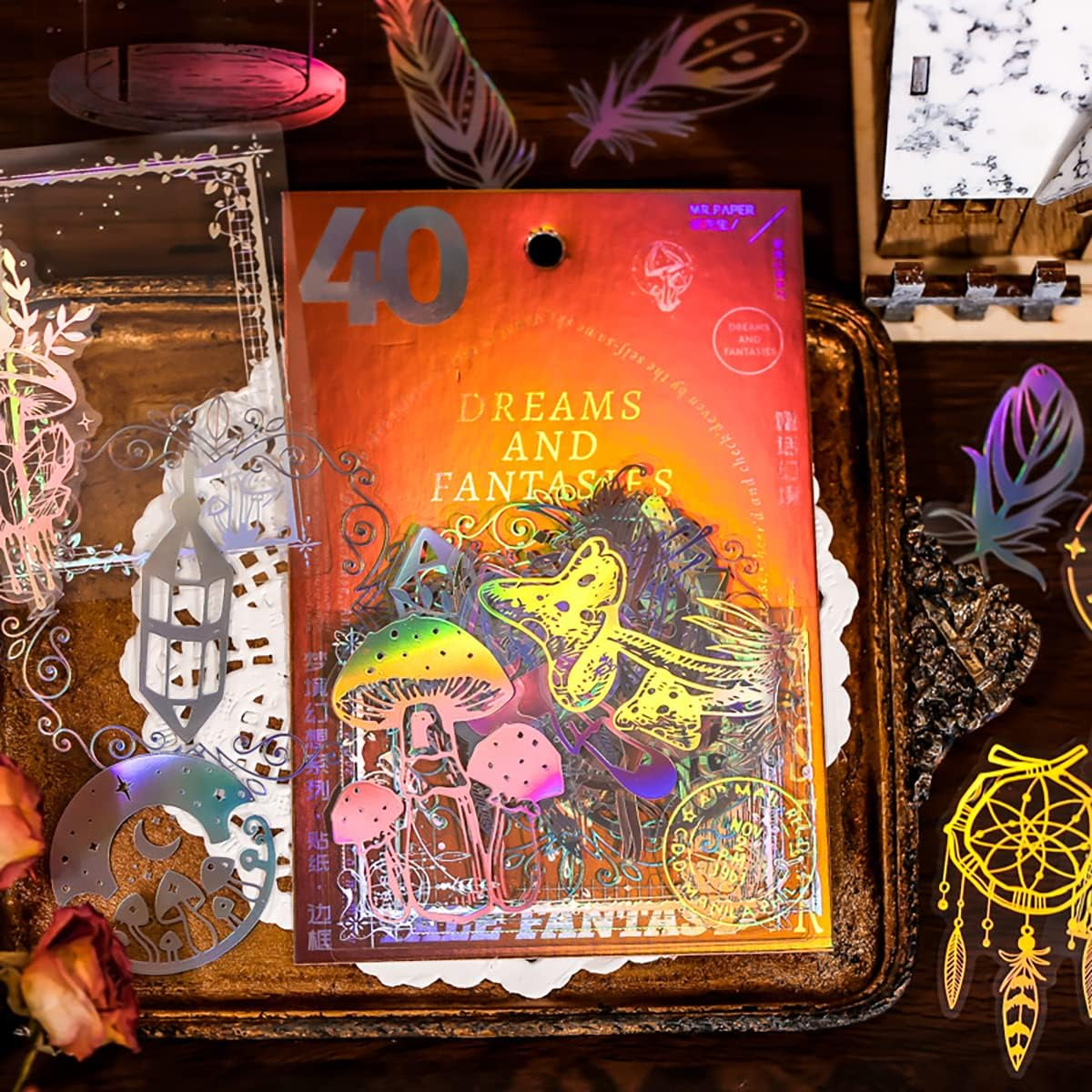 Holographic Glitter Stickers Set -160 Pcs with 4 Themes - Transparent Resin Stickers, Butterfly, Flower, Mushroom, Frame Lace Vintage Scrapbook Stickers Pack - for Laptop Phone Case Water Bottles