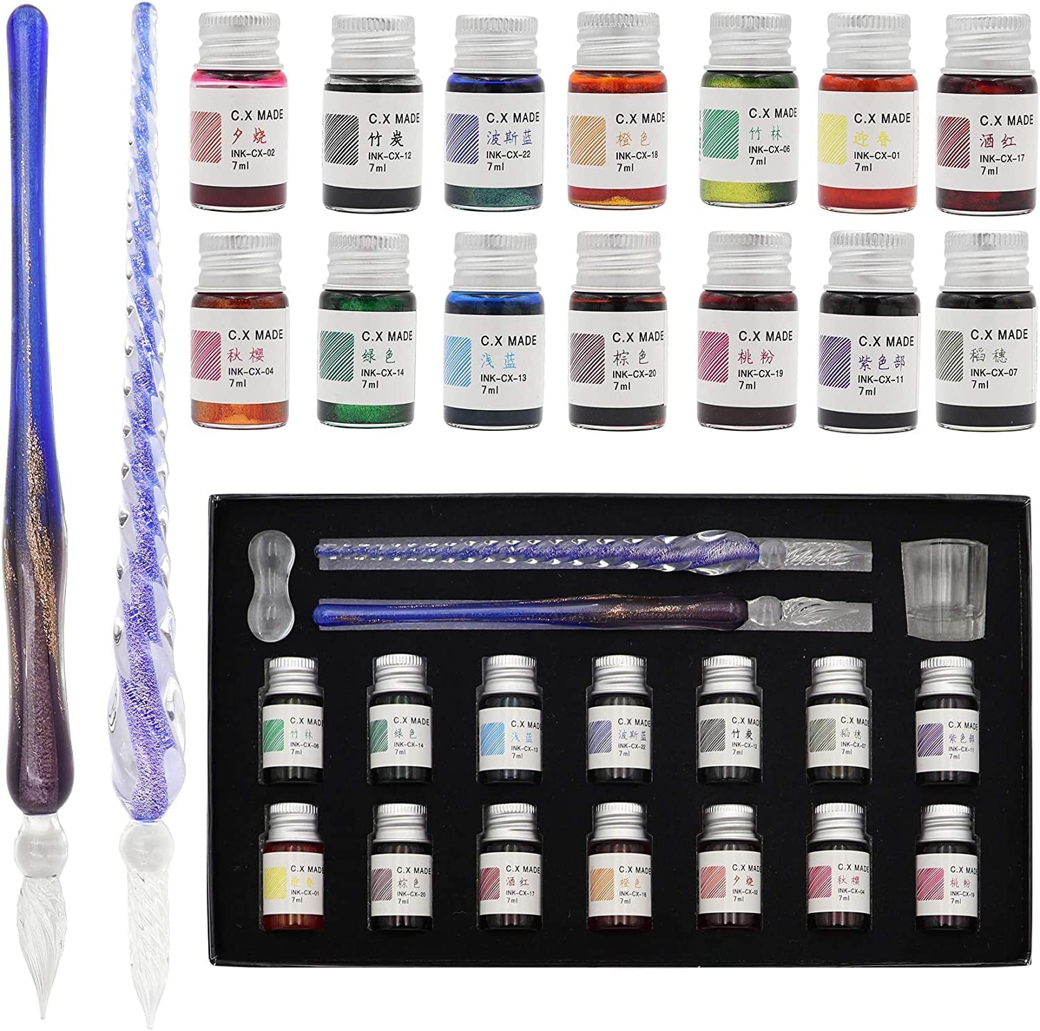 Glass Dip Calligraphy Pen Set, 18-Pieces 14 Color Inks, Pen Holder, Cleaning Cup, 2 Crystal Glass Pens for Art, Writing, Drawing, Signatures, Gift for Kids and Artist