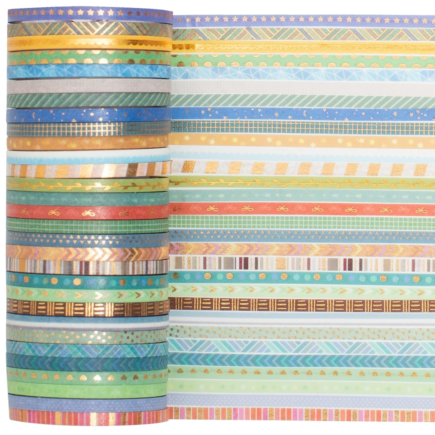 60 Rolls Skinny Washi Tape Set Gold Foil Masking Thin Basic Patterns Decorative Tapes for Arts, DIY Crafts, Journals, Planners, Scrapbook, Wrapping