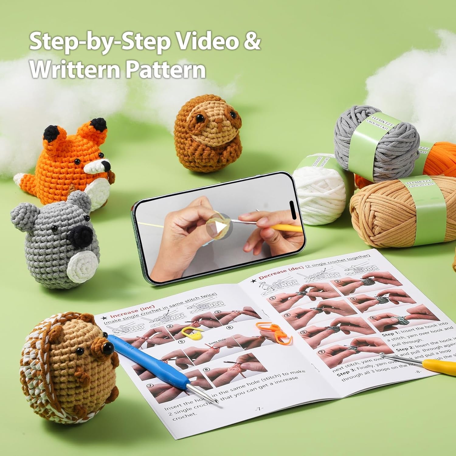 Crochet Kit for Beginners, 4PCS Crochet Animal Kit for Adults Kids, Learn to Crochet with Step-By-Step Video with Writtern Pattern