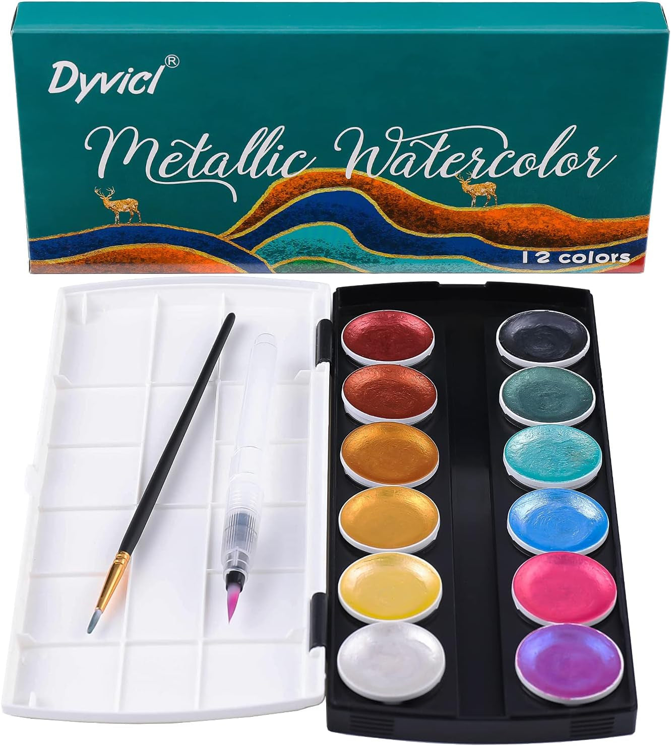 Glitter Metallic Watercolor Paints, 12 Assorted Colors, Portable Box with Water Brush, Sparkle Metallic Accents for Black Paper Drawing, Illustrating, Card Making, Coloring Books