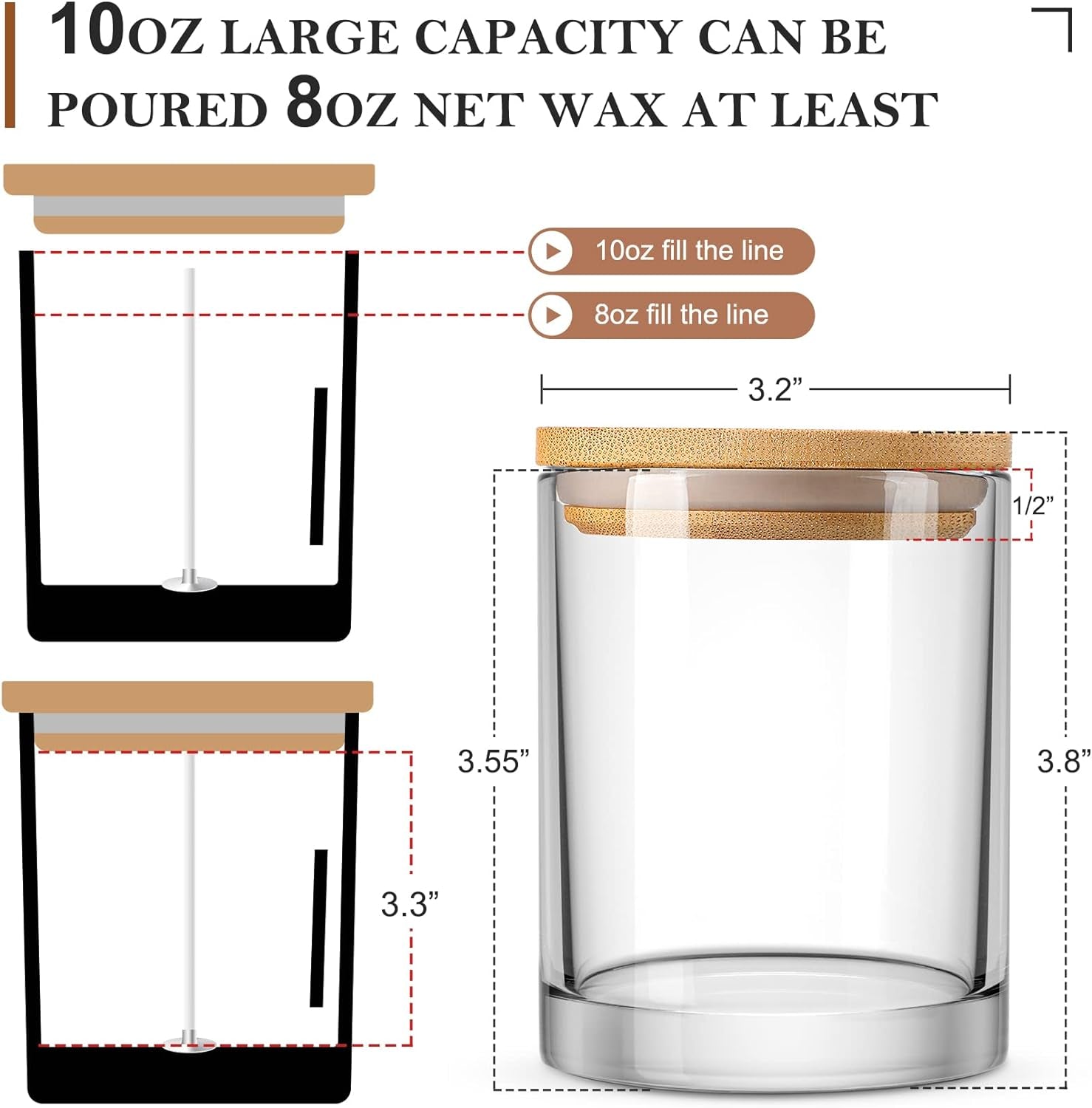 16 Pack, 10 OZ Thick Glass Candle Jars with Bamboo Lids and Candle Wick Kit - Bulk Clear Empty Glass Candle Jars for Making Candles - Spice, Powder Containers