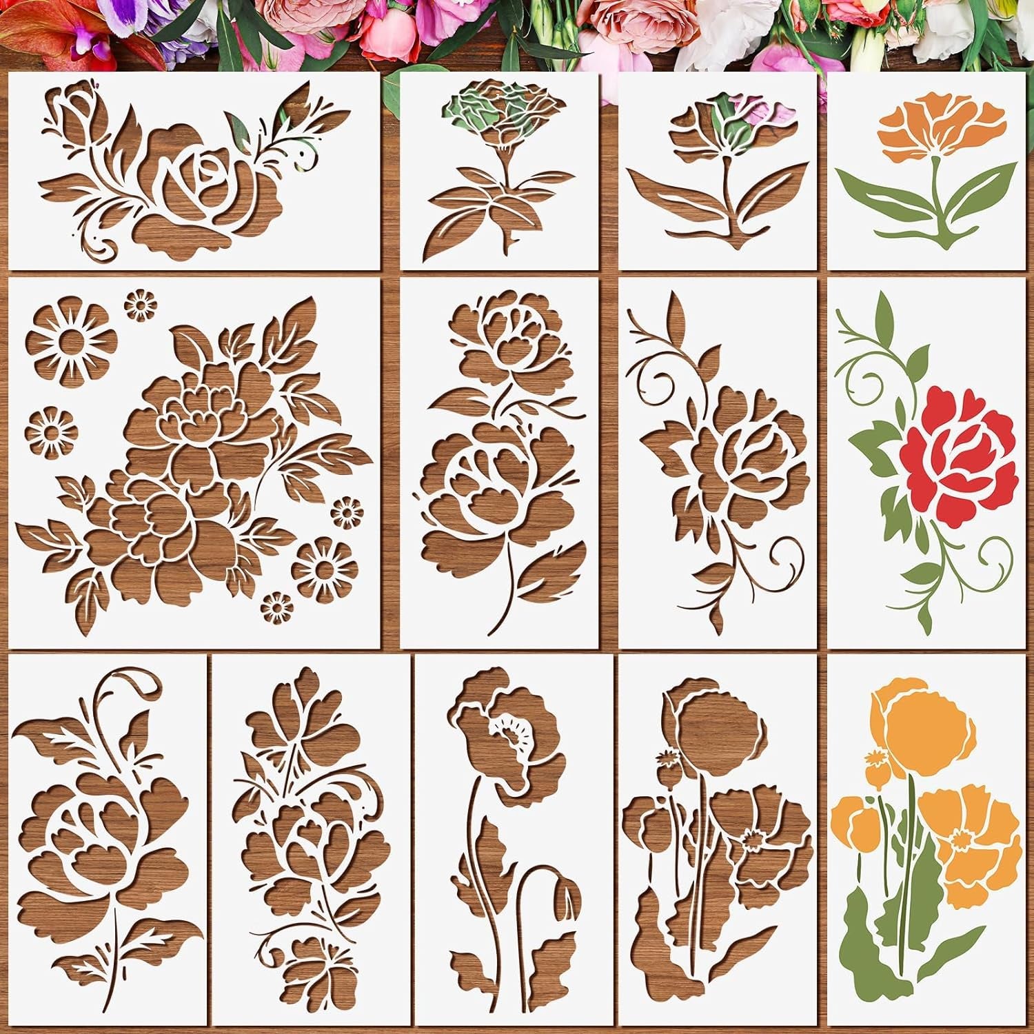 10 Pieces Flower Stencils Reusable Flower Stencils Templates for Painting on Wood Wall Floral Stencil for Painting on Furniture Canvas Paper Fabric