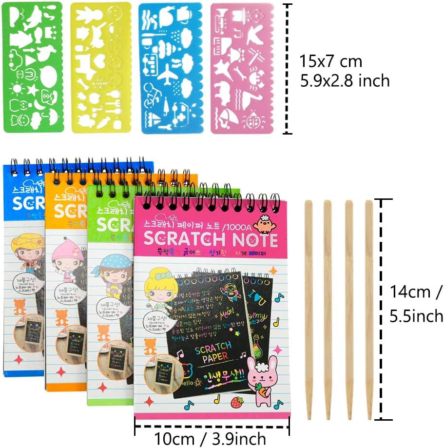 16 Pack Scratch Notebooks, Rainbow Scratch Note Combo Art Set, Magic Scratch Painting & Sketch Art Notes Drawing Notepads for Kids - Includes Drawing Stencil and Wooden Stylu with Each Note