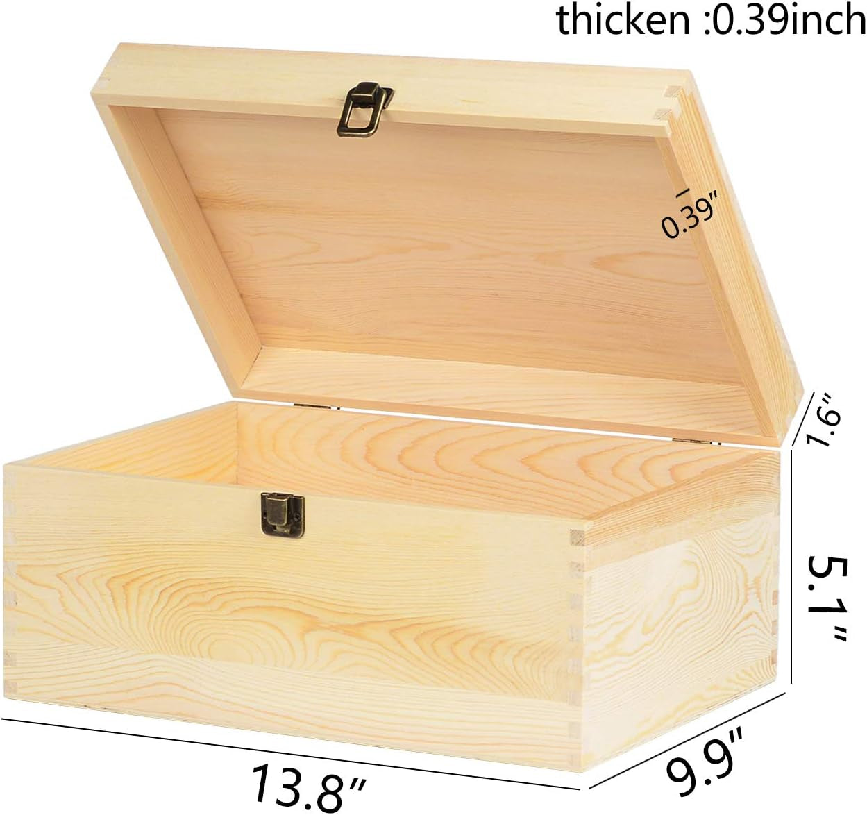 Extra Large Rectangle Unfinished Pine Wood Box Natural DIY Craft with Hinged Lid and Front Clasp for Arts Hobbies and Home Storage-13.8X9.9X6.7 Inches