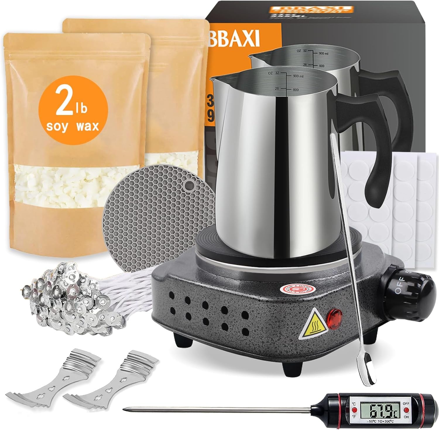 Candle Making Kit with Electronic Hot Plate,Candle Wax Melter for Melting Wax,Including Cadle Pot, Wax Melter Hot Plate,2Lb Soy Wax,Stain Spoon,Cotton Wicks,Center Devices,Wick,Thermometer.