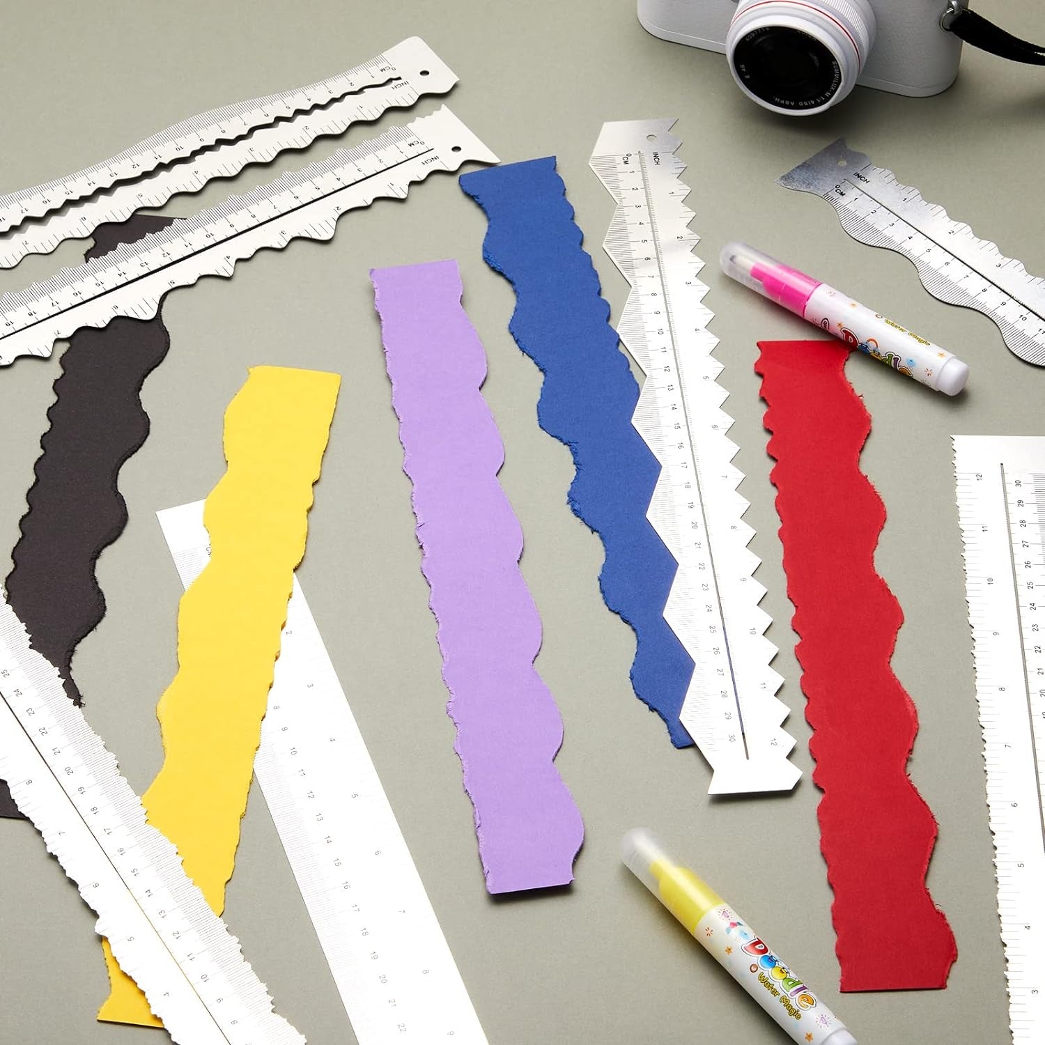 7 Pcs Metal Paper Tearing Ruler Deckle Edge Ruler Craft Ruler Stainless Steel Paper Cut Tool 12 Inch Irregular Edges Ruler Measurements Tool with 2 Watercolor Pen for Craft School Scrapbook