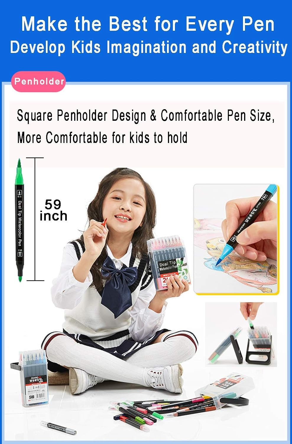 Dual Tip Markers for Kids, Washable Set, Art with Stand Portable Box, Gift for Kids (24 Colours)