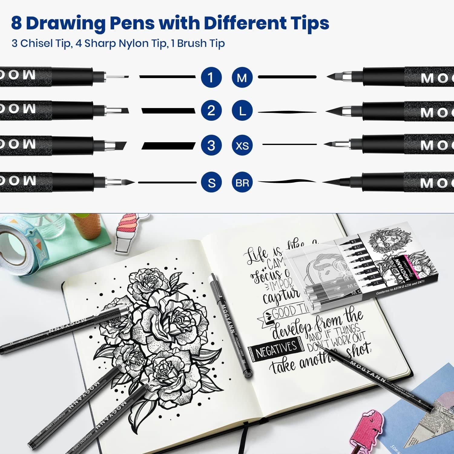 Art Pens, Black Drawing Pens 8 Size Ink Pens Set for Artist Writing, Sketching, Manga, Anime