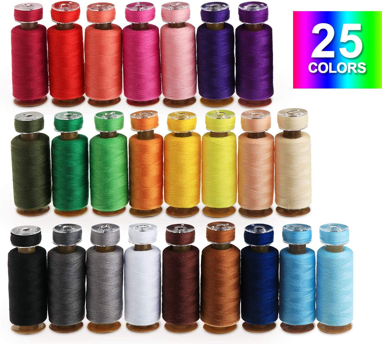 50Pcs Bobbins Sewing Thread Kit, 400 Yards per Polyester Thread Spools, Prewound Bobbin with Case for Brother Singer Janome Machine, 25 Colors