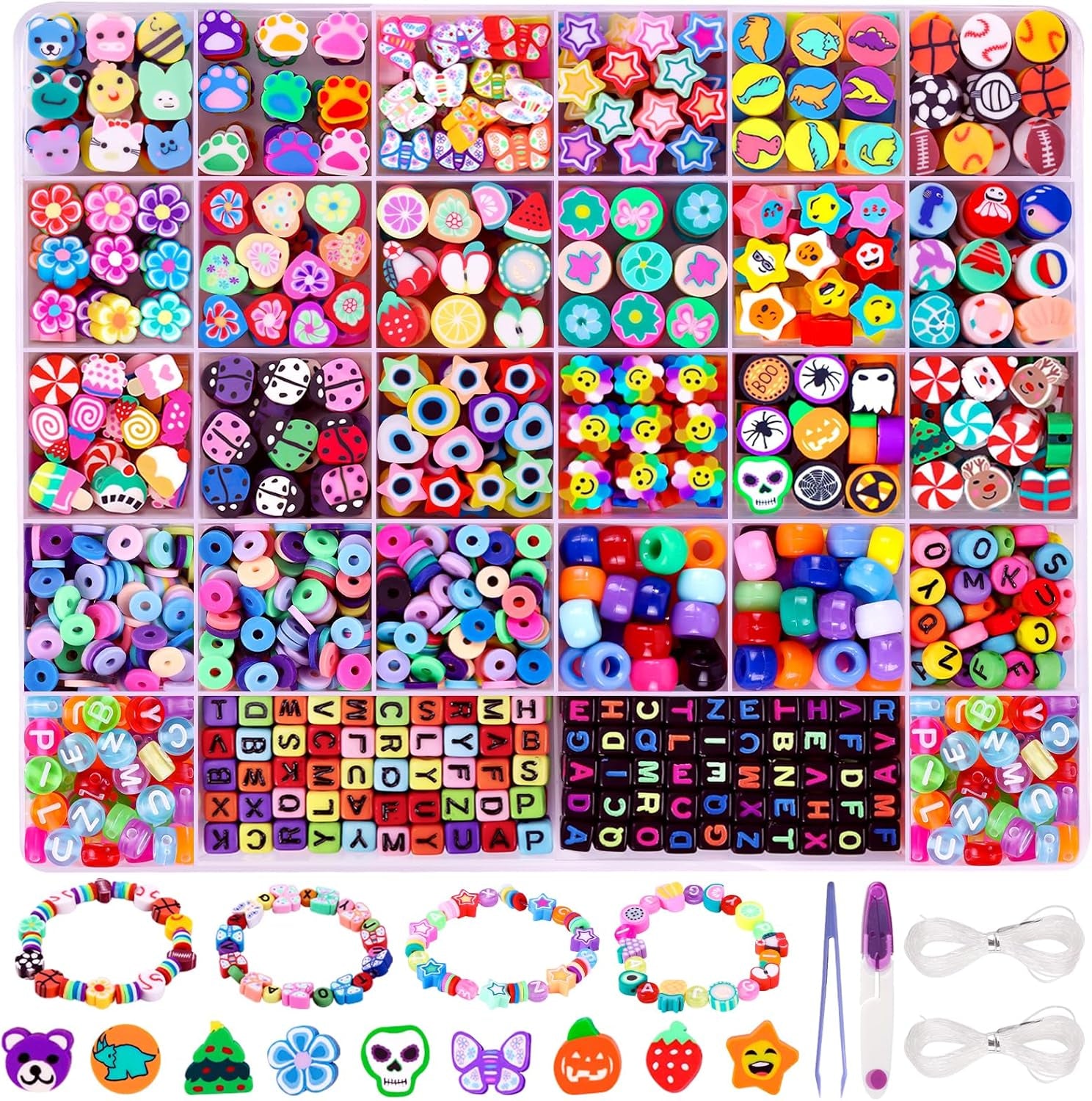 300PCS Clay Beads Charms,Fruit Flower Letter Beads Soft Beads for Women Girls Bracelet Making DIY Bracelet Necklace Earring Accessories with 4M Crystal Elastic String