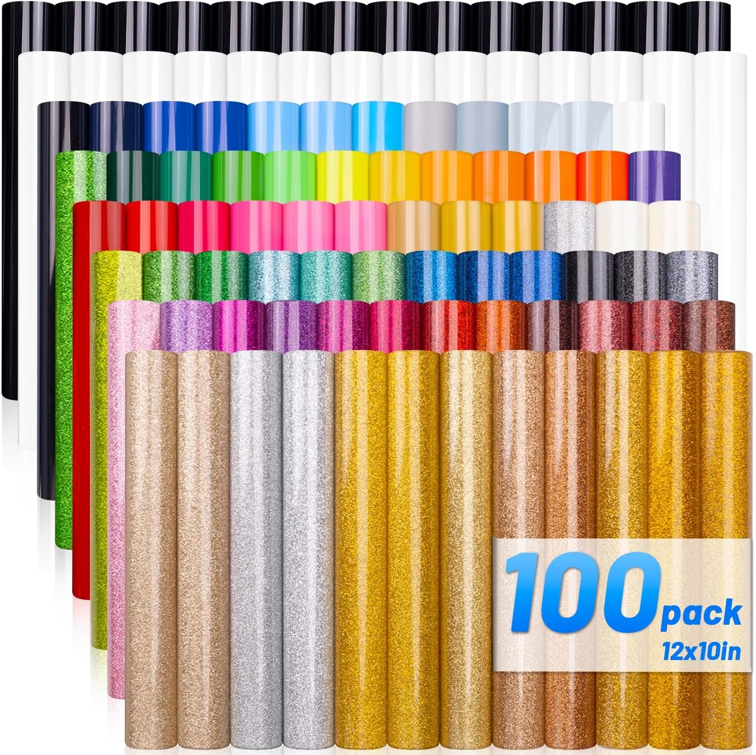 Heat Transfer Vinyl 12" X 10" - 100 Sheets 63 Assorted Colors Glitter and Matte Bulk HTV Iron on Vinyl for Cricut/Cameo Bundle, DIY Shirts, Bags, Socks, Pillow - Washed and Easy to Cut & Weed