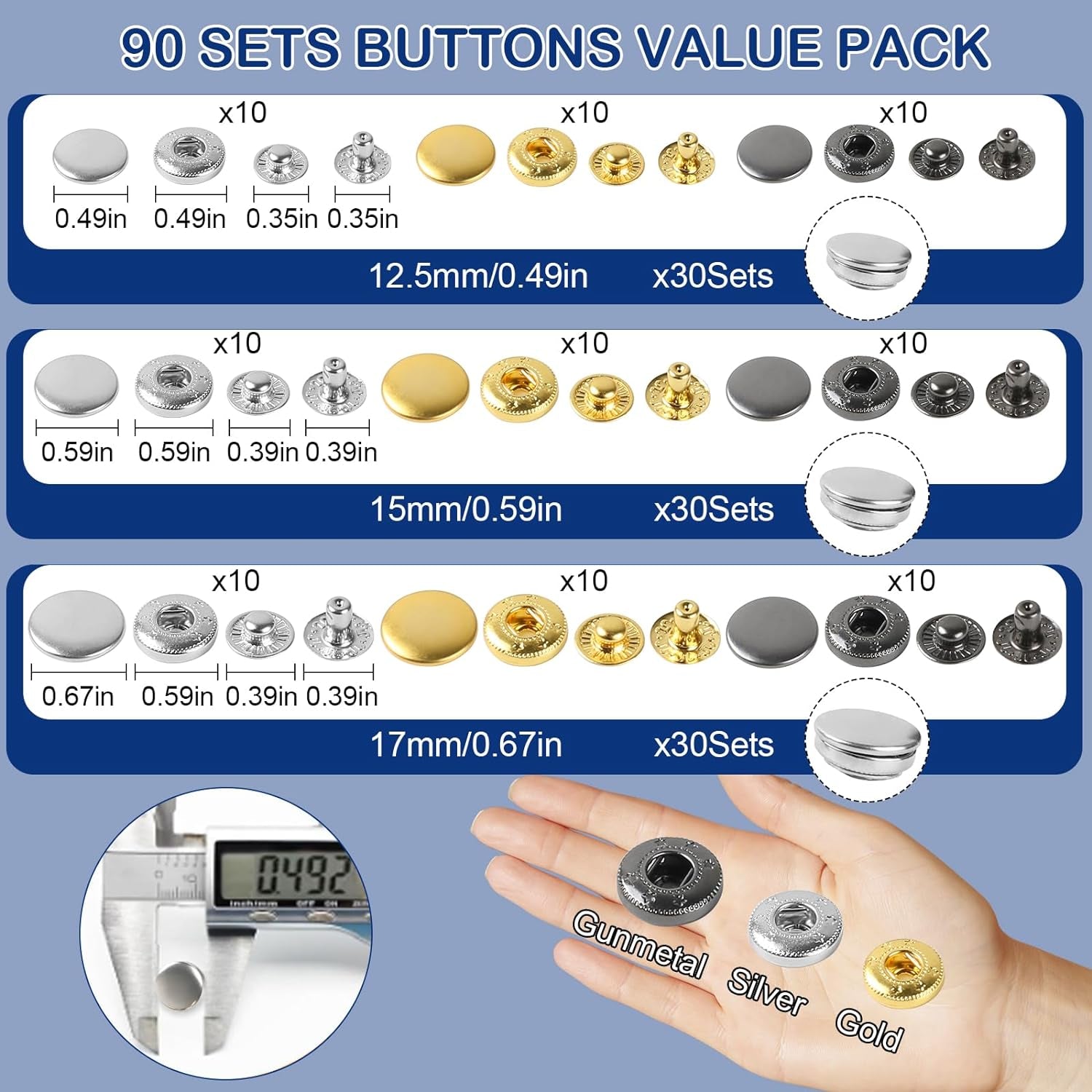 Leather Snap Fasteners Kit, , Leather Snap Buttons Press Pliers with 90 Sets Leather Snaps Buttons, 3Colors 12.5/15/17Mm Snaps for Leather, Clothes, Jackets, DIY Projects