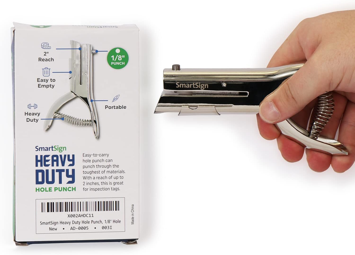 Single Hole Heavy Duty Hand Held Hole Punch - 1/8 Inch (3 Mm) Hole Punch, 2 Inch Reach, for Id Card, PVC Card, Badge, Foil, 5&quot; Tall, Silver
