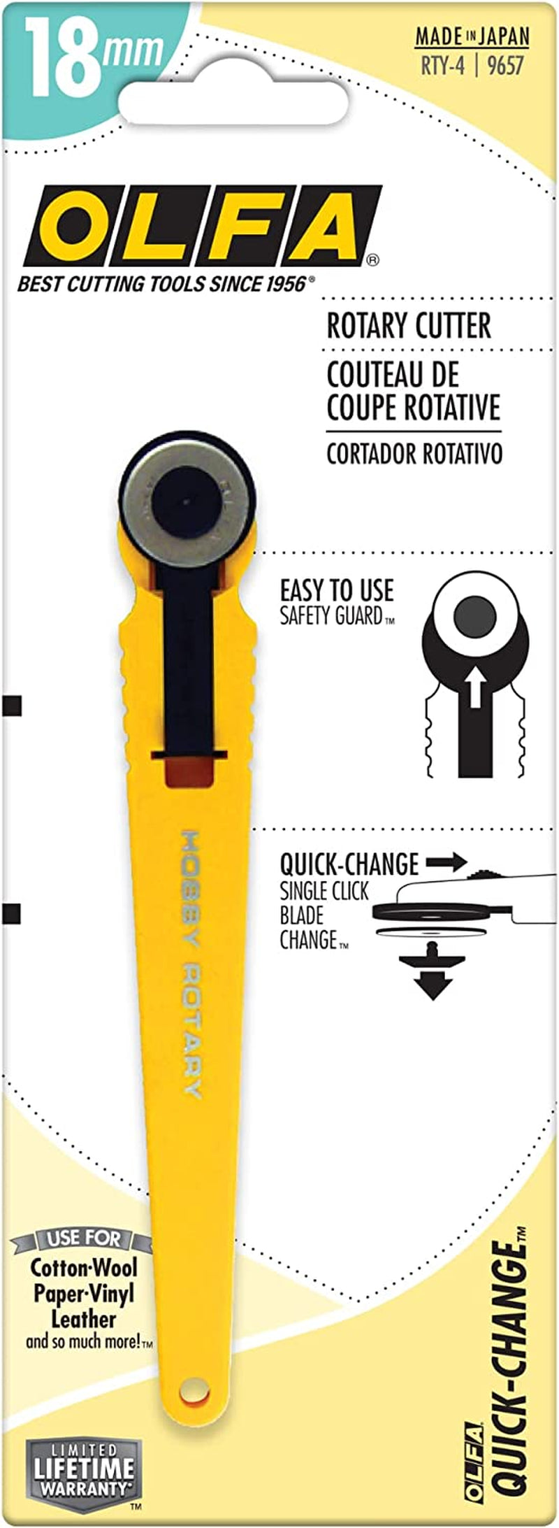 18Mm Quick-Change Rotary Cutter (RTY-4) - Rotary Fabric Cutter W/ Blade Cover for Quilting, Sewing, Crafts, Scrapbooking, Replacement Blade:  RB18-2