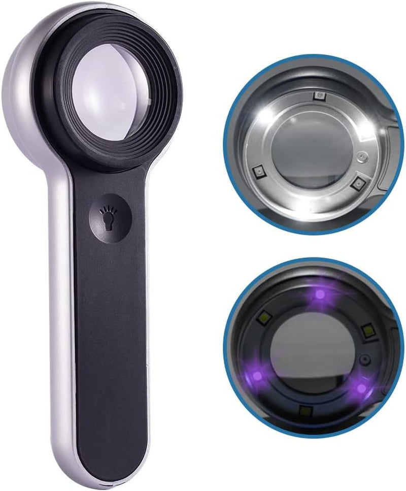60X Illuminated Rechargeable Magnifier with Dual Coated Lenses, LED/UV Illuminated, Designed for Restoration Jewelry Identification, Close Work, Repair, Gardening, Stamps, Rock Collecting