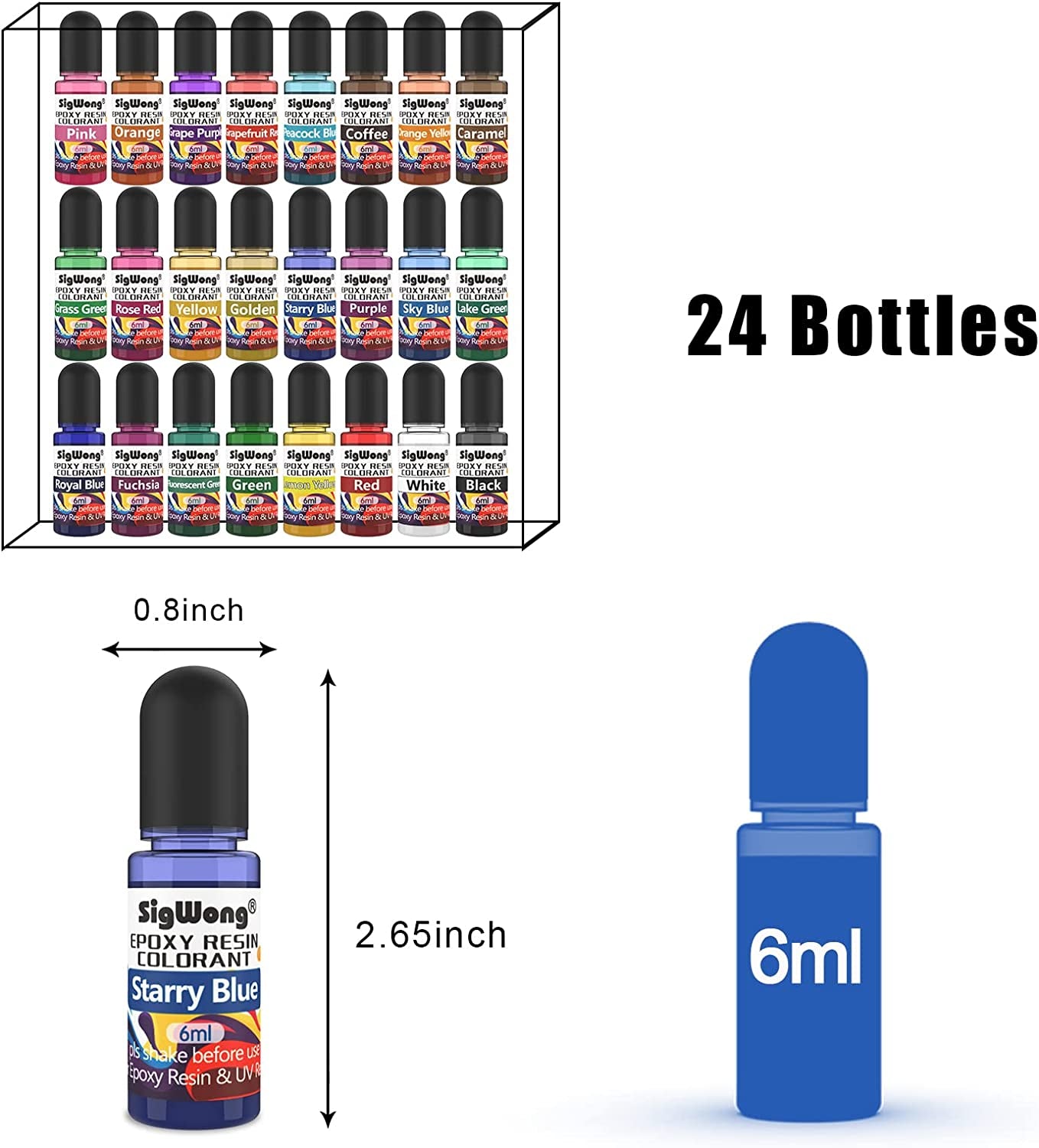 Epoxy Resin Pigment - 24 Colors Liquid Translucent Epoxy Resin Colorant, Highly Concentrated Dye for DIY Jewelry Making, Paint, Craft - 6Ml Each, with 6 Colors Resin Glitter