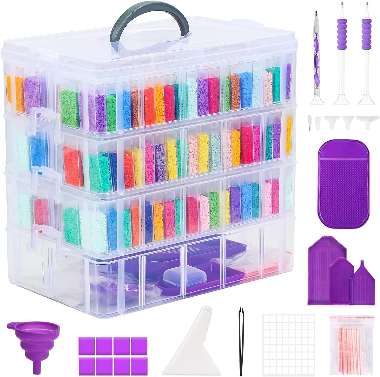 264 Slots 4-Tier Diamond Painting Storage Container Clear Stackable Bead Organizer with Diamond Painting Accessories and Tools for DIY Diamond Art Craft Jewelry Bead Storage