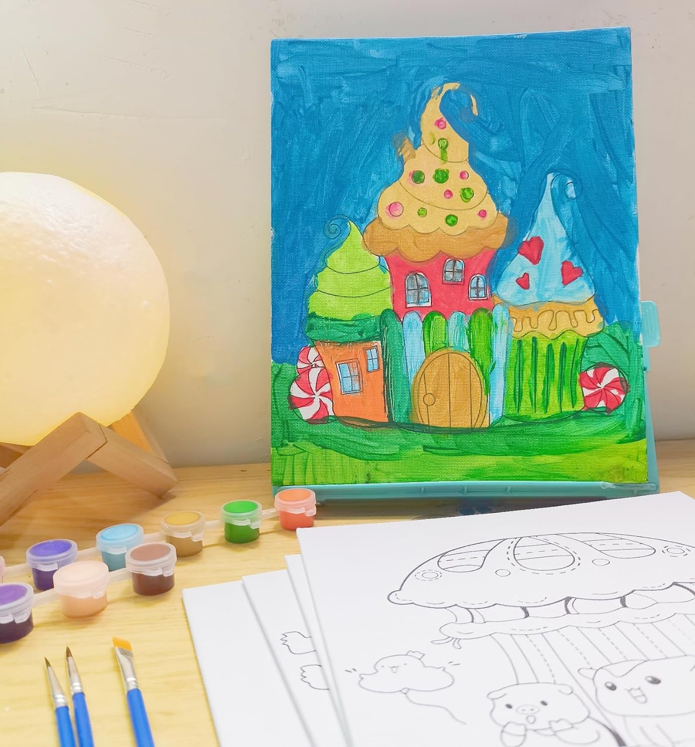 Kids Predrawn Canvas for Painting - 6 Packs 8X10 in Painting Canvas Panels Acrylic Paint Set with 12 Paints 10 Brushes for Girls Boys and Beginners