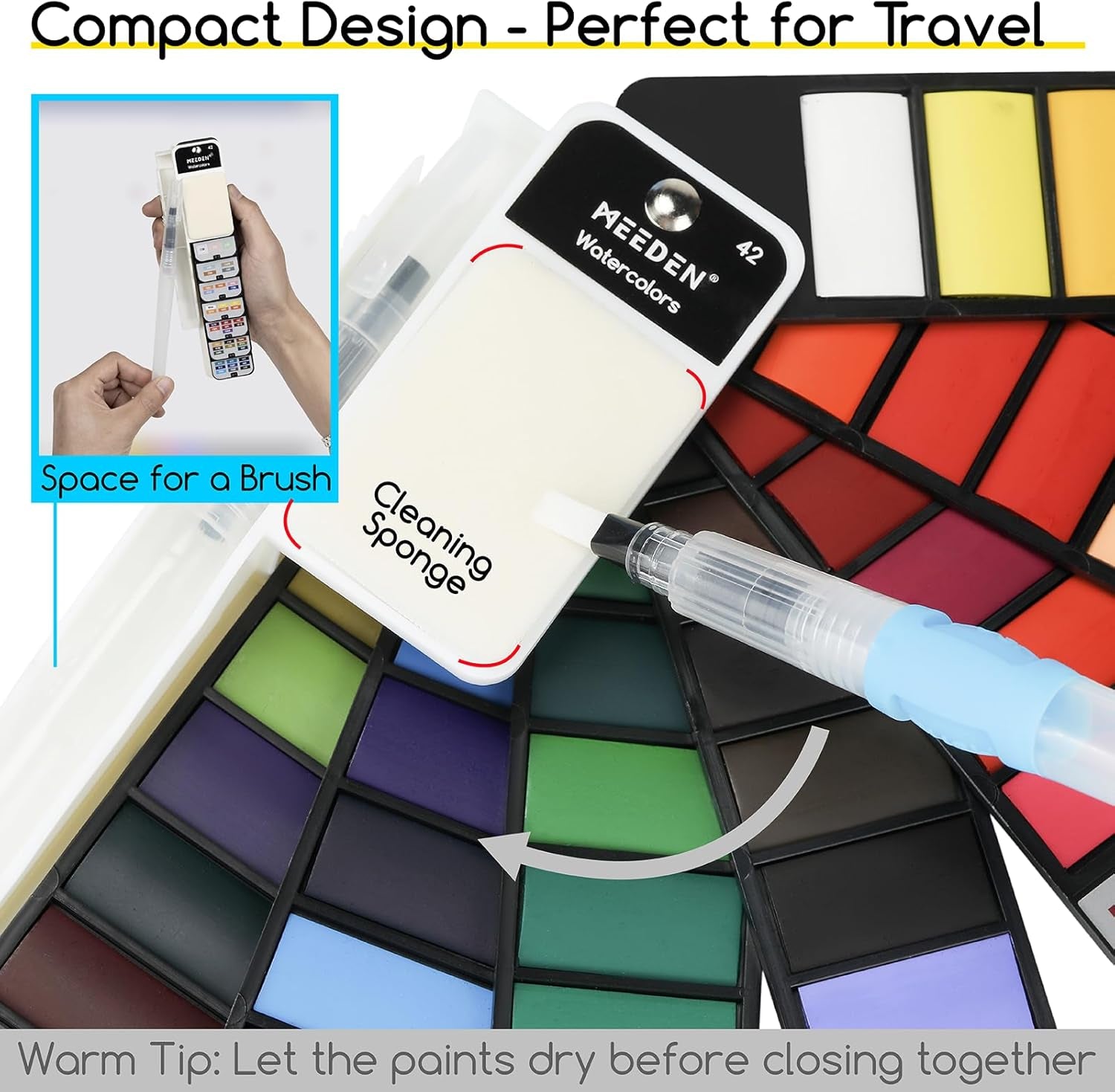 Travel Watercolor Paint Set: Portable 42 Assorted Water Colors Paint Kit with 4 Brushes
