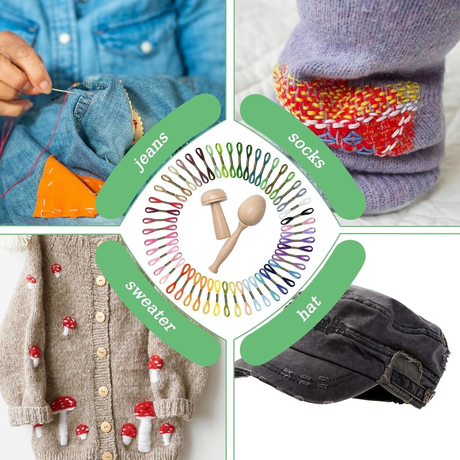 Darning Egg Darning Mushroom for Socks Darner Egg Kit Include 14 Hooks Small Small Weaving Darning Loom 9 Large Eye Needles 50 Colors Darning Thread for DIY Handicraft Home Sewing Care