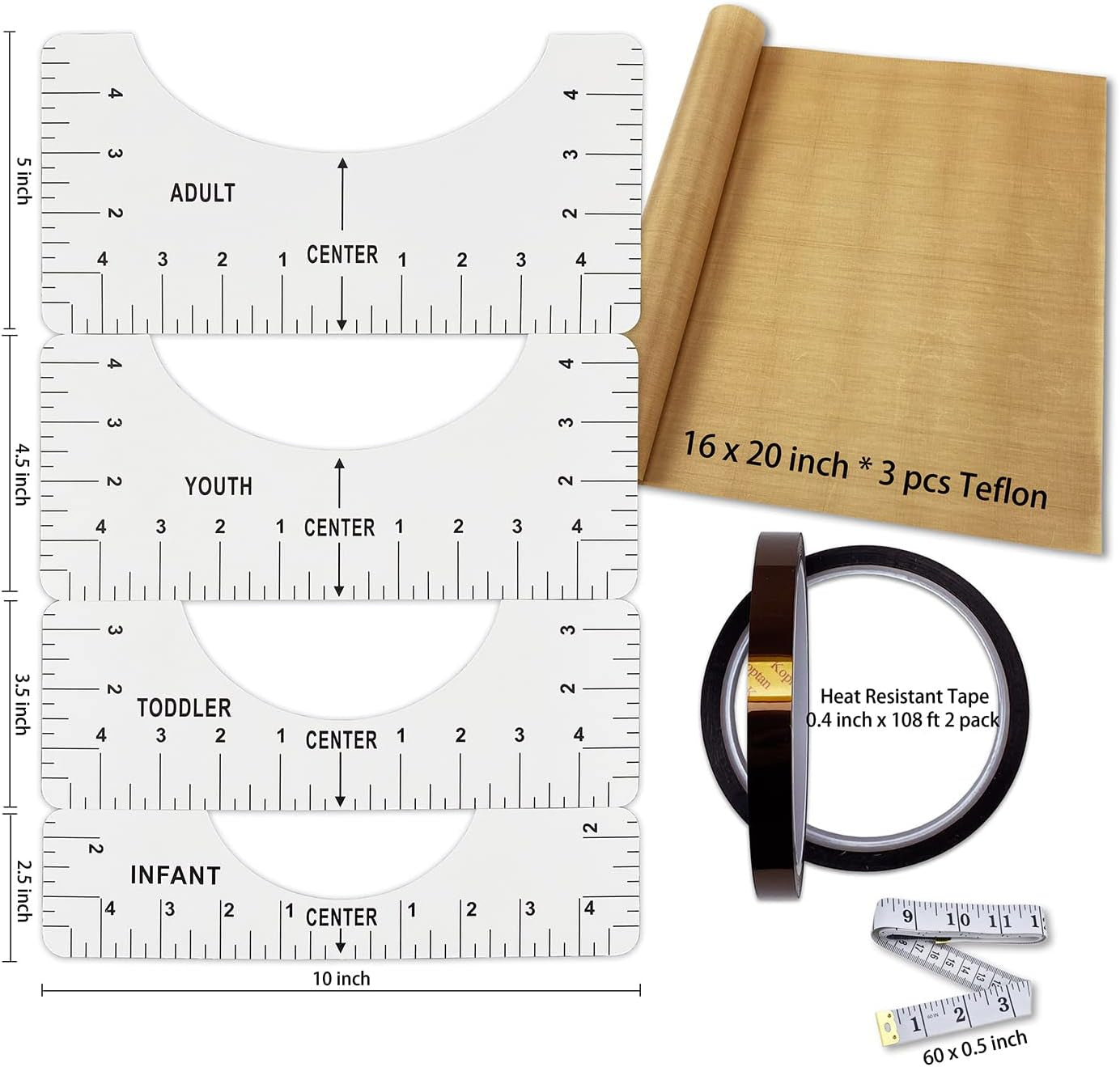 T-Shirt Alignment Ruler Heat Resistant Tape 10Mm X 33M 108Ft, PTFE Teflon Transfer Sheet 16 X 20" - 4 Rulers, 2 Rolls Heat Resistant Tape, 3 Packs PTFE Teflon Sheet and 1 Tape Measure Included