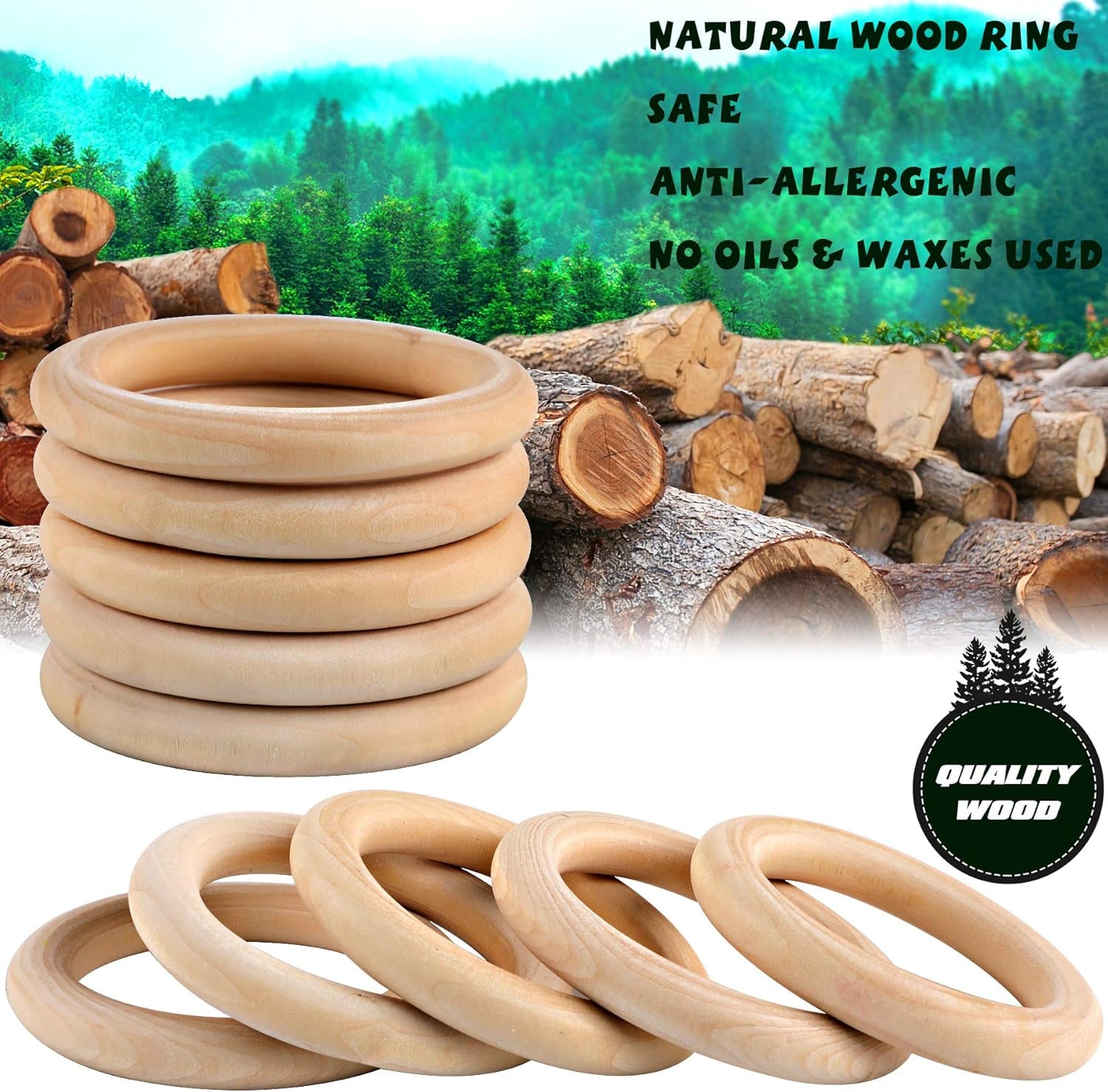 10 Pcs Macrame Wooden Rings, 60Mm/2.4Inch Natural Unfinished Solid Wood Hoops for DIY Craft Pendant Connectors Jewelry Making