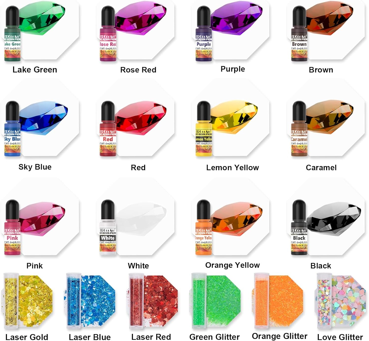 Epoxy Resin Pigment - 12 Colors Transparent UV Resin Dye, Epoxy Resin Color with 6 Glitter, Highly Concentrated Epoxy Resin Colorant for Resin Jewelry Making Kit, DIY Crafts - 0.25 Oz
