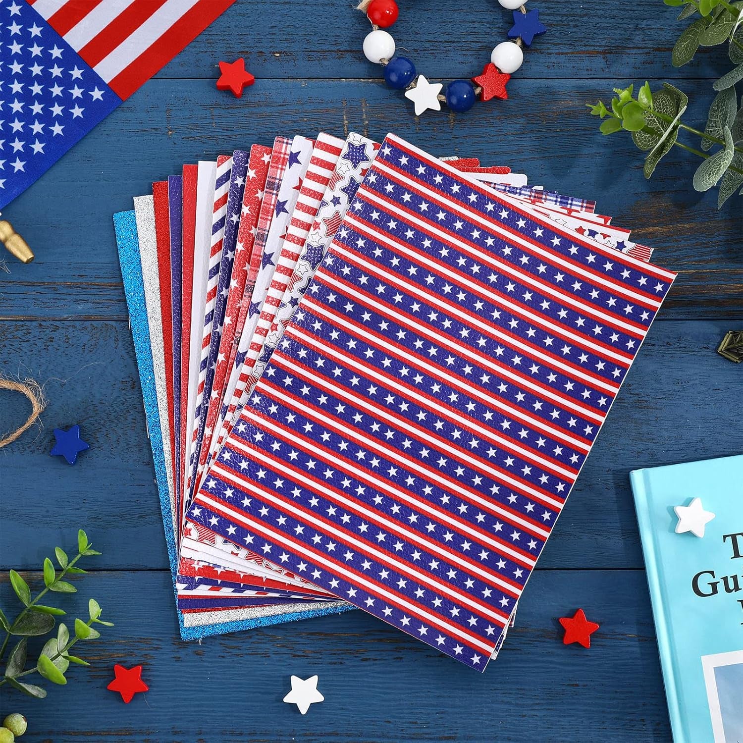 14Pcs 4Th of July Faux Leather Sheet Stars and Stripes Synthetic Leather Glitter Sequins Fabric Crafts for Patriotic Independence Day Earring Craft Bag Hair Bow DIY Gift Making, 8.3 X 6.3In