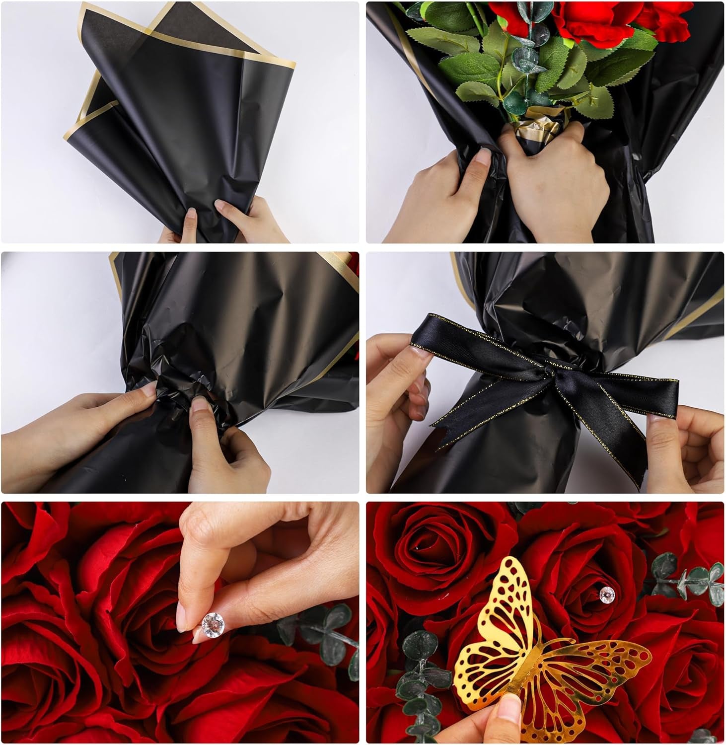40 Sheets Flower Wrapping Paper Kit Floral Bouquet Wrap Paper with 2 Rolls Ribbons 100 Pcs Flower Pins 48 Pcs 3D Butterflies for Valentine Mother'S Day Wedding Birthday Graduation DIY Gift (Black)