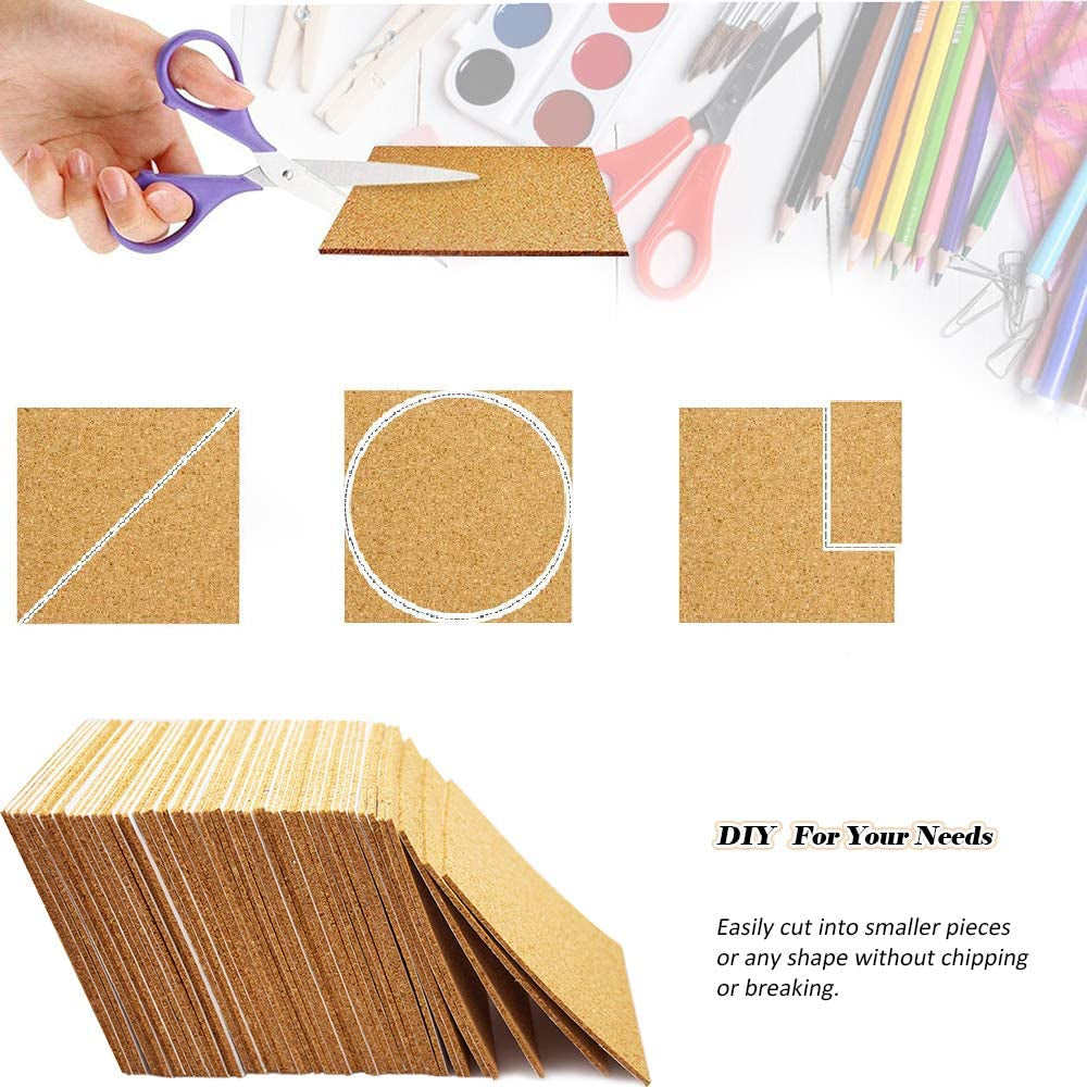 60Pcs Self Adhesive Cork Squares,  4 X 4 Inch Strong Cork Adhesive Sheets, Reusable Cork Board Cork Backing Sheets, Mini Wall Cork Tiles Mat for Coasters and DIY Crafts