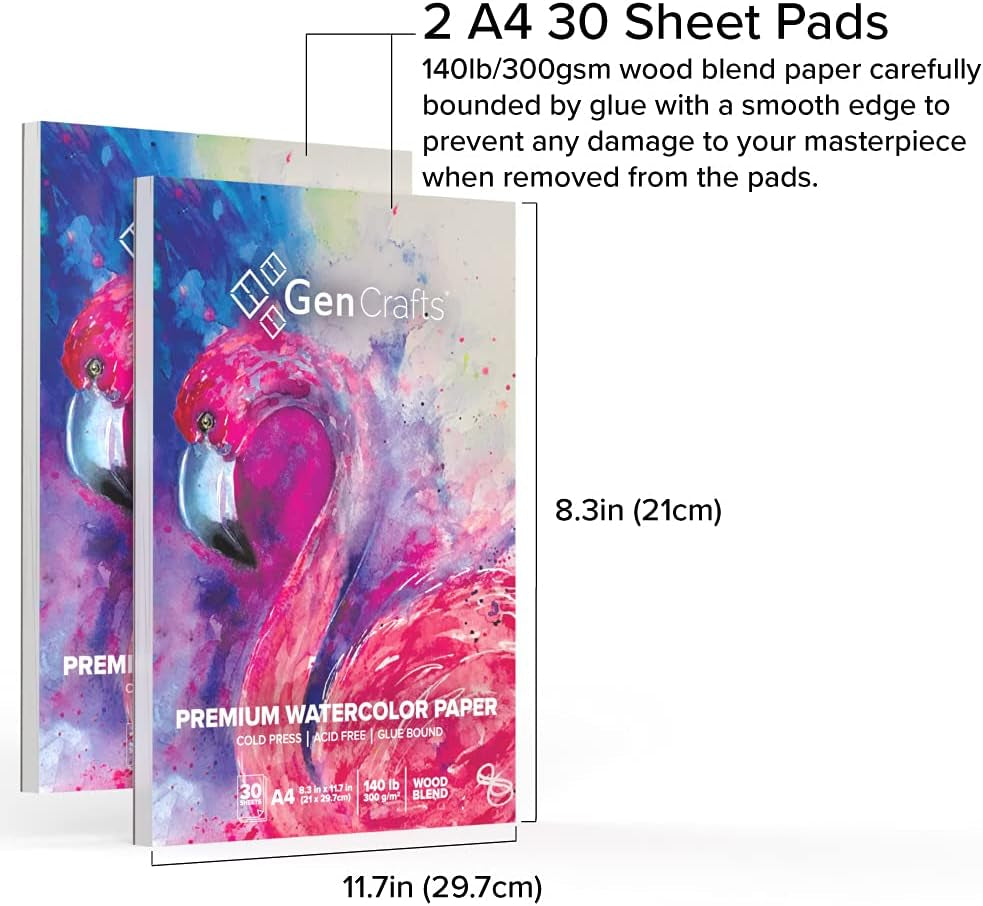 Watercolor Paper Pad 2 Pack - A4 8.3X11.7" - 60 Sheets Total (140Lb/ 300Gsm) - Cold Press Acid Free Art Sketchbook Pad for Painting & Drawing, Wet, Mixed Media