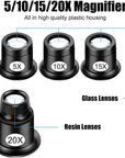 Eye Loop, 5PCS Jewelers Loupe Magnifier, 5X 10X 15X 20X Magnifying Eye Glass Pieces for Watchmaker