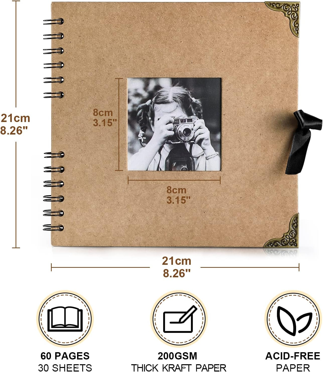 Scrapbook Photo Album - 8 X 8 Inch, 60 Pages, Kraft Paper, Ribbon, Corner Protectors, Suitable for Travel, Graduation, Memories