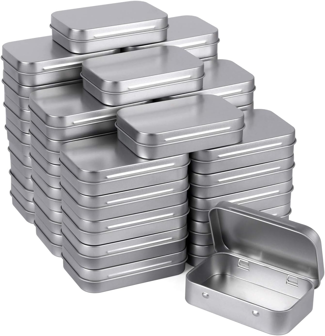 Metal Rectangular Empty Hinged Tins - Pack of 40 Silver Mini Portable Box Small Storage Kit & Home Organizer with Lids Craft Containers 3-1/2''X2-1/2''X4/5''