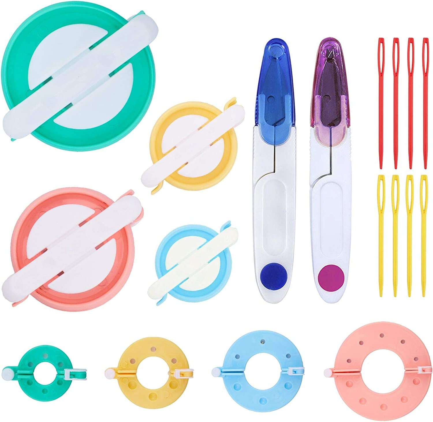 2 Set Pompom Makers of 6 Sizes,  50 PCS Pom Pom Kit Includes 8 PCS Pom Pom Maker, 2 PCS Thread Cutter Scissors, 40 PCS Plastic Needles for Fluff Ball Weave DIY Wool Yarn Knitting