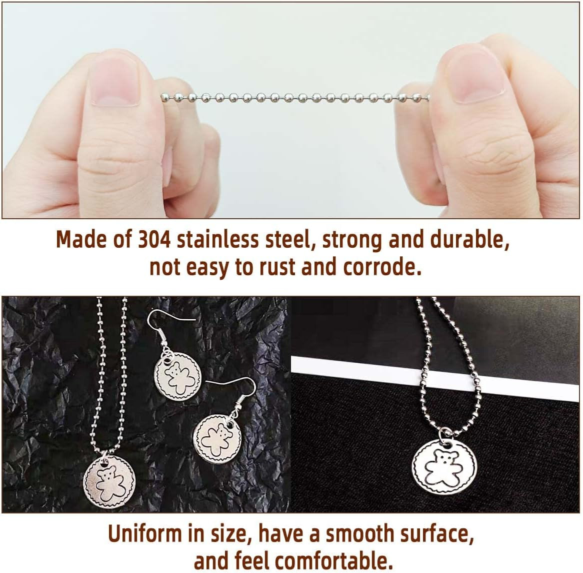 32.8 Feet Stainless Steel Ball Beaded Chain Necklace Chains for Making Jewelry with 20 Pieces Matching Connectors Silver Color Metal Pull Chain Roll Spool Ball for Dog Tag DIY (2.4Mm in Diameter)