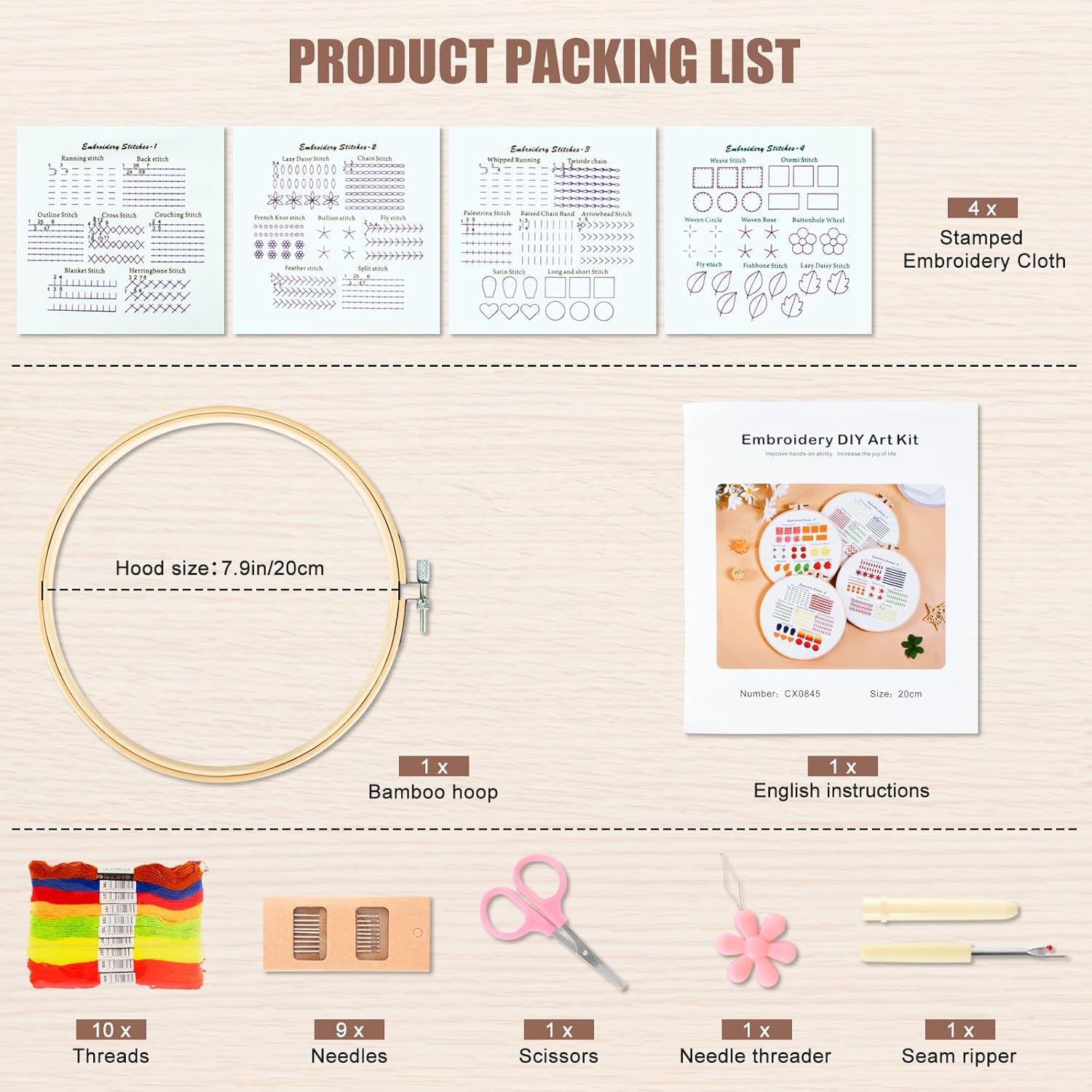 4 Sets Embroidery Kit for Beginners Adults &amp; Kids to Learn 29 Basic Embroidery Stitch Practice Kit,Embroidery Starter Kit for Beginners with Embroidery Patterns, Hoop,Threads,Tools