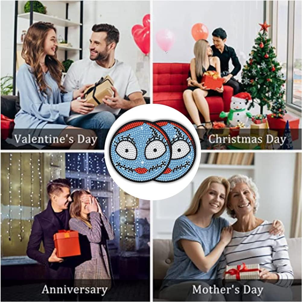 2 PCS Diamond Painting Coasters Kits, DIY Funny Jack Skull Diamond Art Coaster Sets for Beginners Adults and Kids Art Craft Supplies