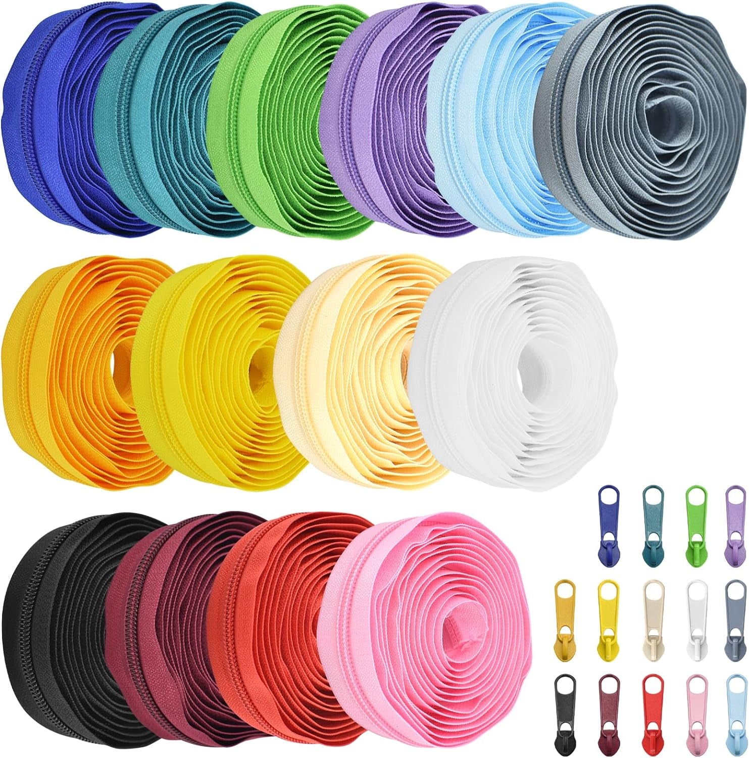 42 Yards 14Pcs Zippers by 5 Nylon Coil in Assorted Colors with 112 Zipper Sliders Pull Head for DIY Tailor Sewing Crafts Supplies, 14 Color