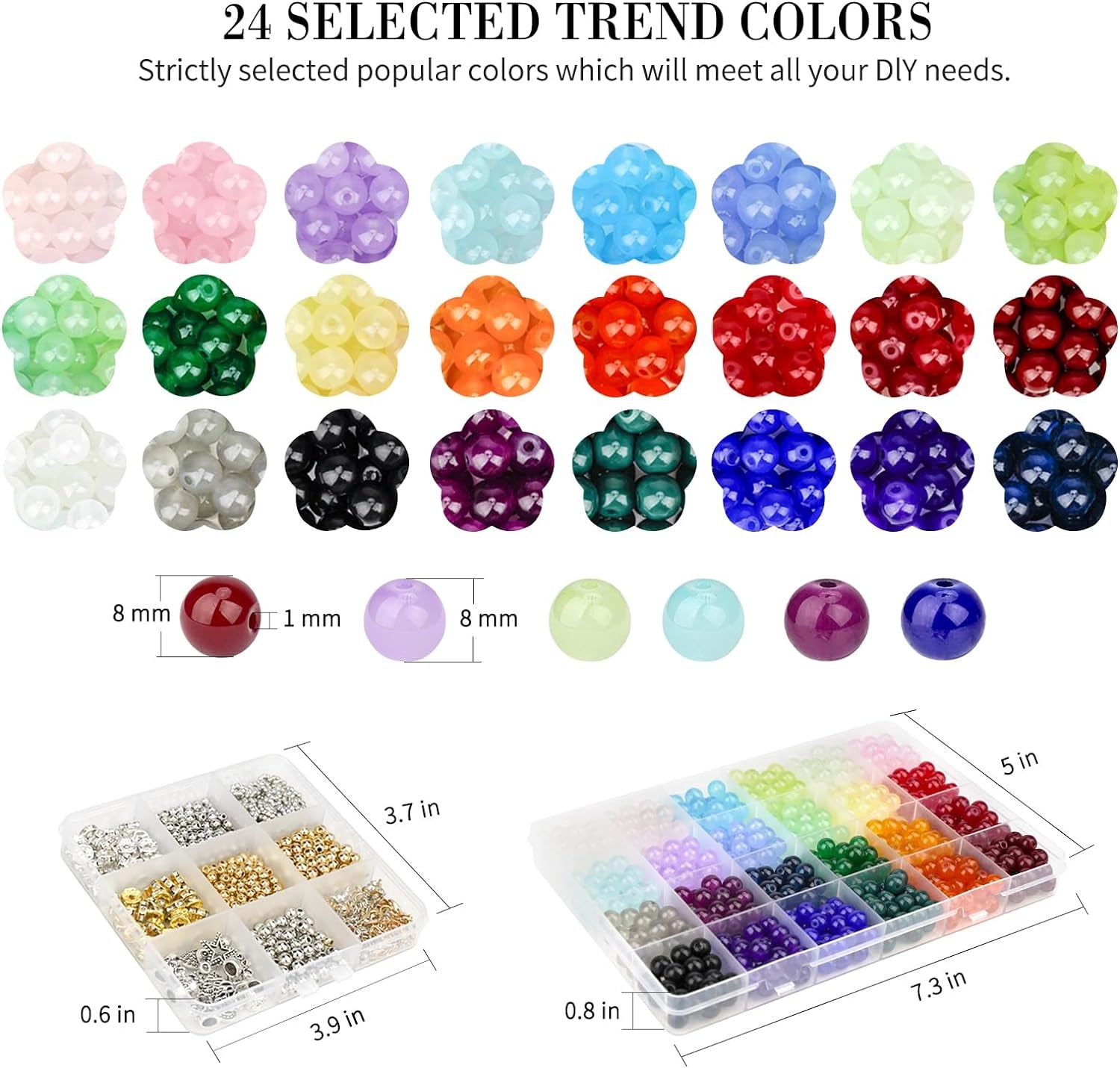 8Mm Glass Beads Bracelet Making Kit 1600PCS, Crystal round Beads for Jewelry Making, 24 Colors 3 Box Bracelet Beads DIY Craft for Teen Adults
