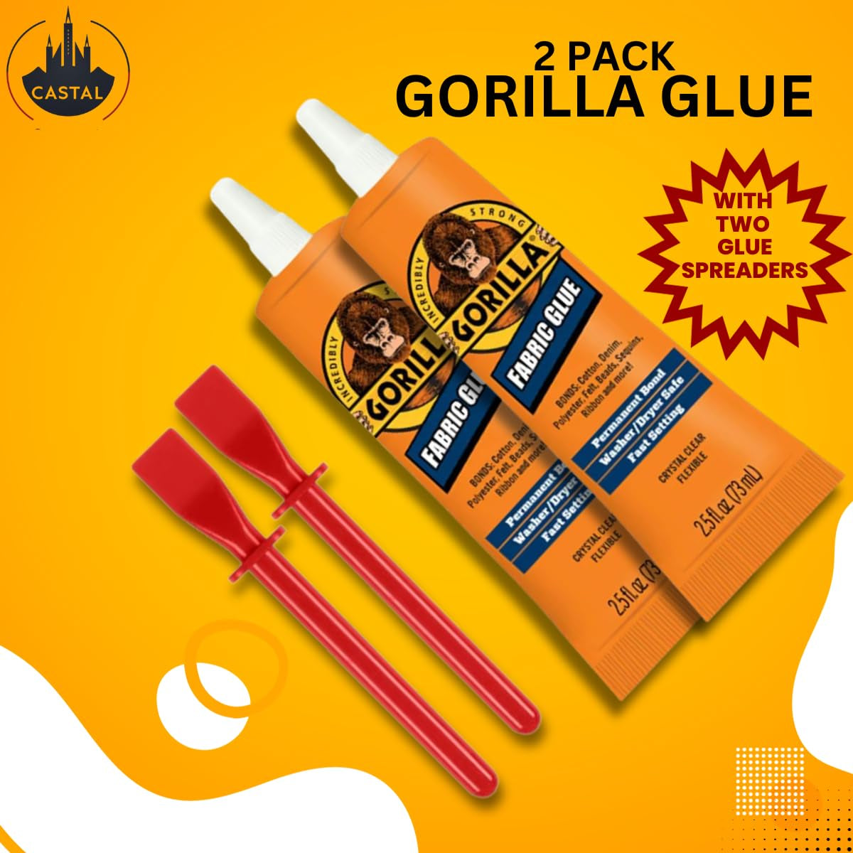Gorilla Fabric Glue 2.5OZ - 2 Packs with Glue Spreaders | Fabric Fusion, Clothing, and Upholstery Glue | Permanent Clear Liquid Stitch Fabric Glue for Patches on Clothing