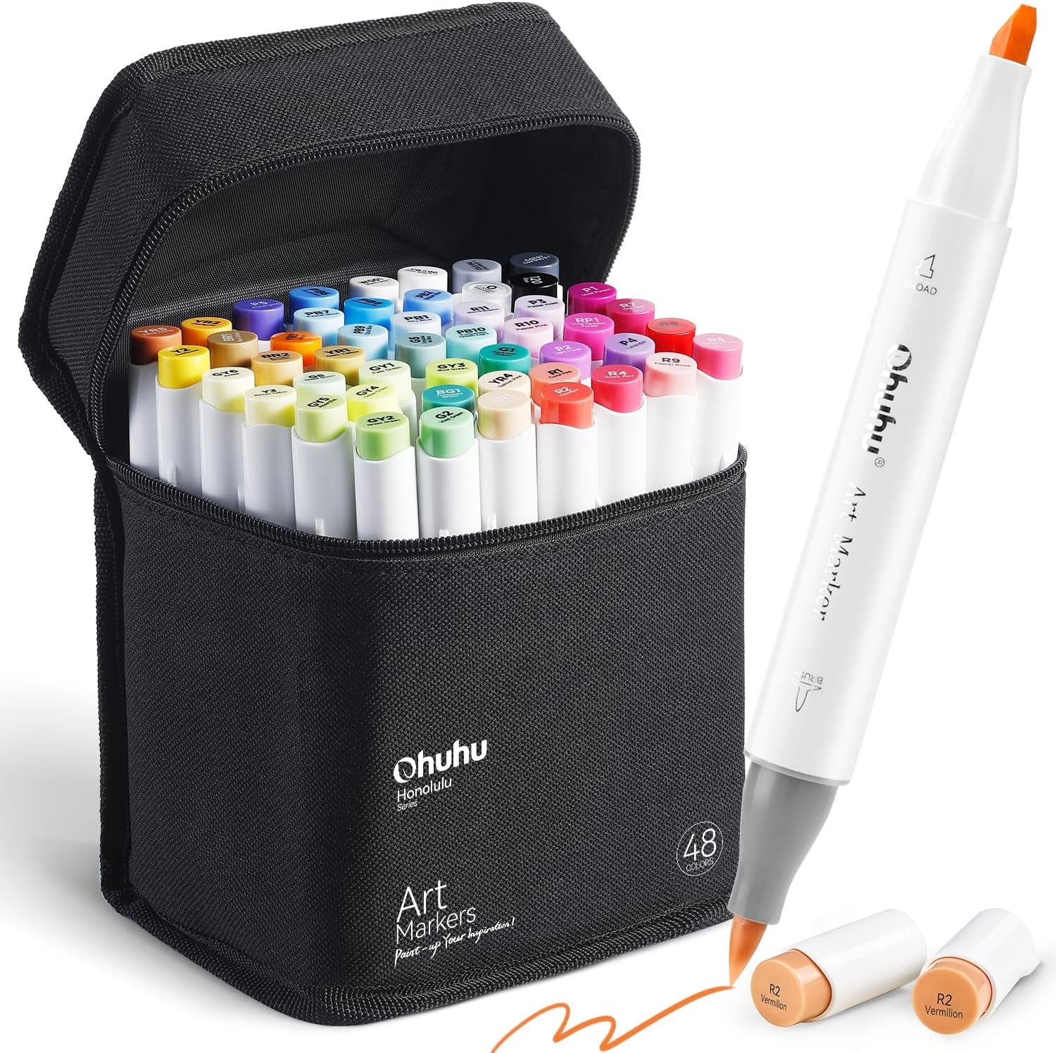 Alcohol Markers Brush Tip: 48-Color Double Tipped Art Marker Set for Artist Adults Coloring Illustrations -Honolulu -Brush & Chisel -Refillable